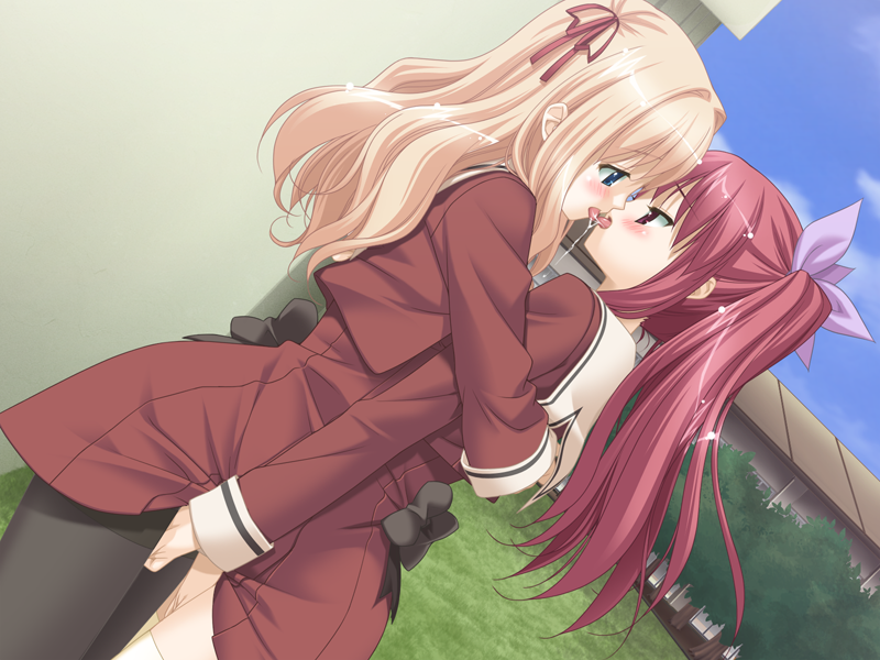 kani biimu, matsubara yuuna, oda nanami, sono hanabira ni kuchizuke wo, game cg, 2girls, blonde hair, blue eyes, bow, couple, day, eye contact, fingering, hug, kiss, long hair, looking at another, multiple girls, mutual masturbation, outdoors, pantyhose, pink eyes, pink hair, pussy juice, ribbon, saliva, school, school uniform, serafuku, short twintails, thighhighs, twintails, yuri