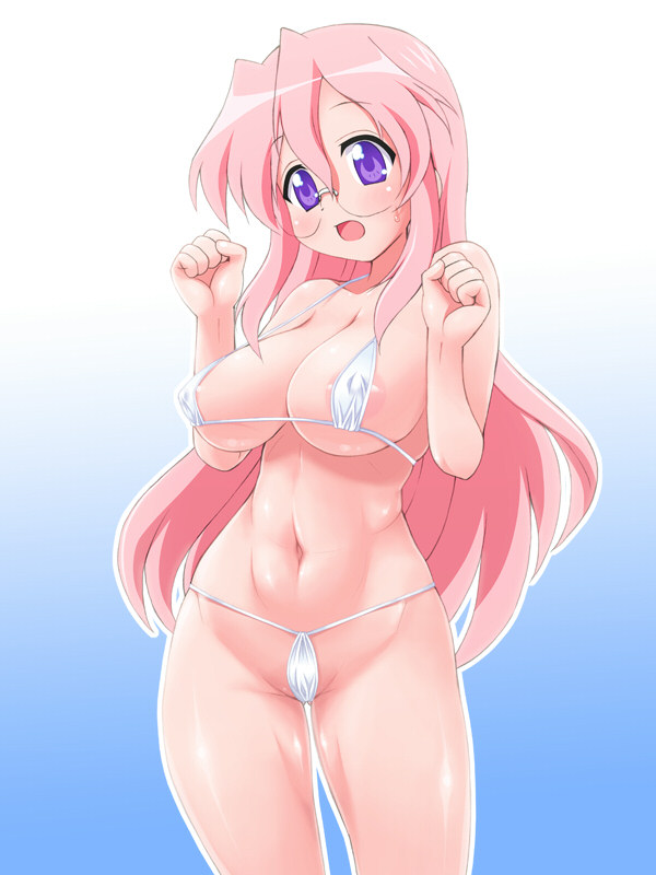 elf k, takara miyuki, lucky star, areola slip, bikini, blush, breasts, clenched hand, covered erect nipples, curvy, embarrassed, glasses, huge breasts, large breasts, long hair, micro bikini, navel, nipple slip, nipples, open mouth, pink hair, purple eyes, solo, swimsuit, wide hips