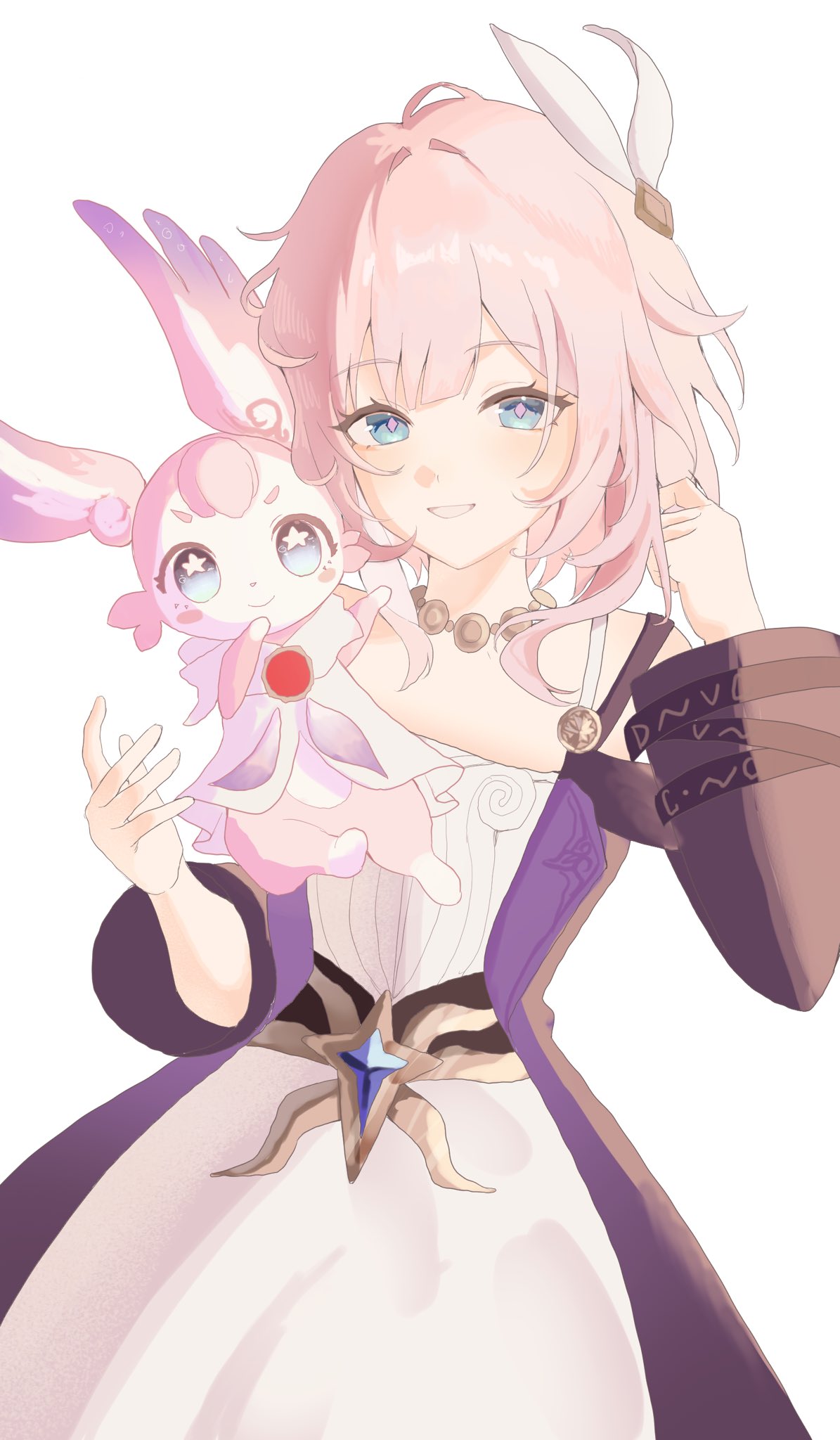 cyrene (honkai: star rail), mem (honkai: star rail), honkai: star rail, honkai (series), commentary, highres, symbol-only commentary, 0910 2222, 1girl, bare shoulders, blue eyes, breasts, coat, dress, hair ornament, jewelry, looking at viewer, multicolored hair, necklace, pink hair, purple coat, short hair, simple background, small breasts, smile, star-shaped eyewear, star (symbol), two-tone hair, white background, white dress, white hair