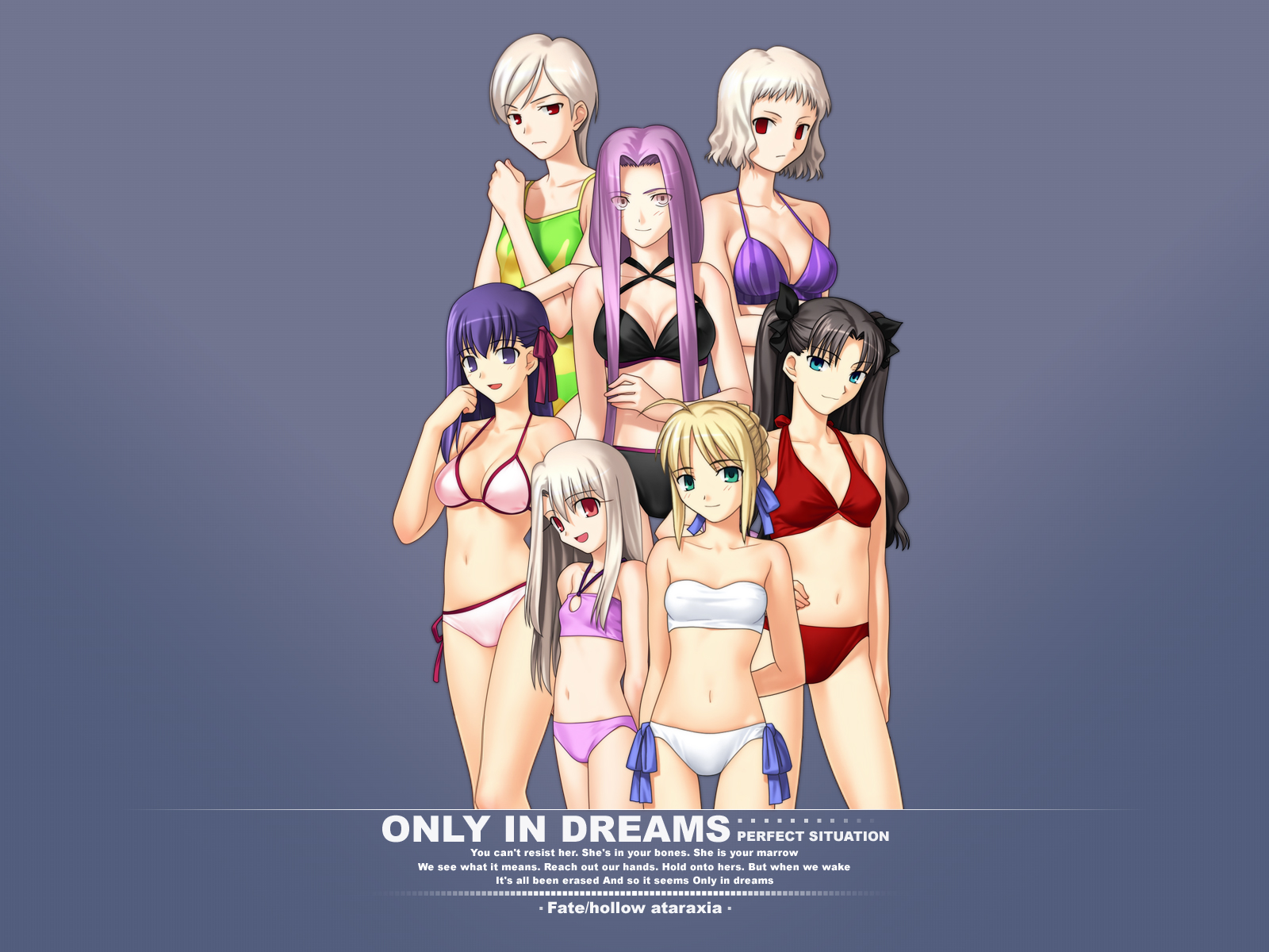 type-moon, highres, 6+girls, bikini, breasts, cleavage, cowboy shot, everyone, female focus, gradient background, grey background, legs, lineup, midriff, multiple girls, navel, standing, swimsuit