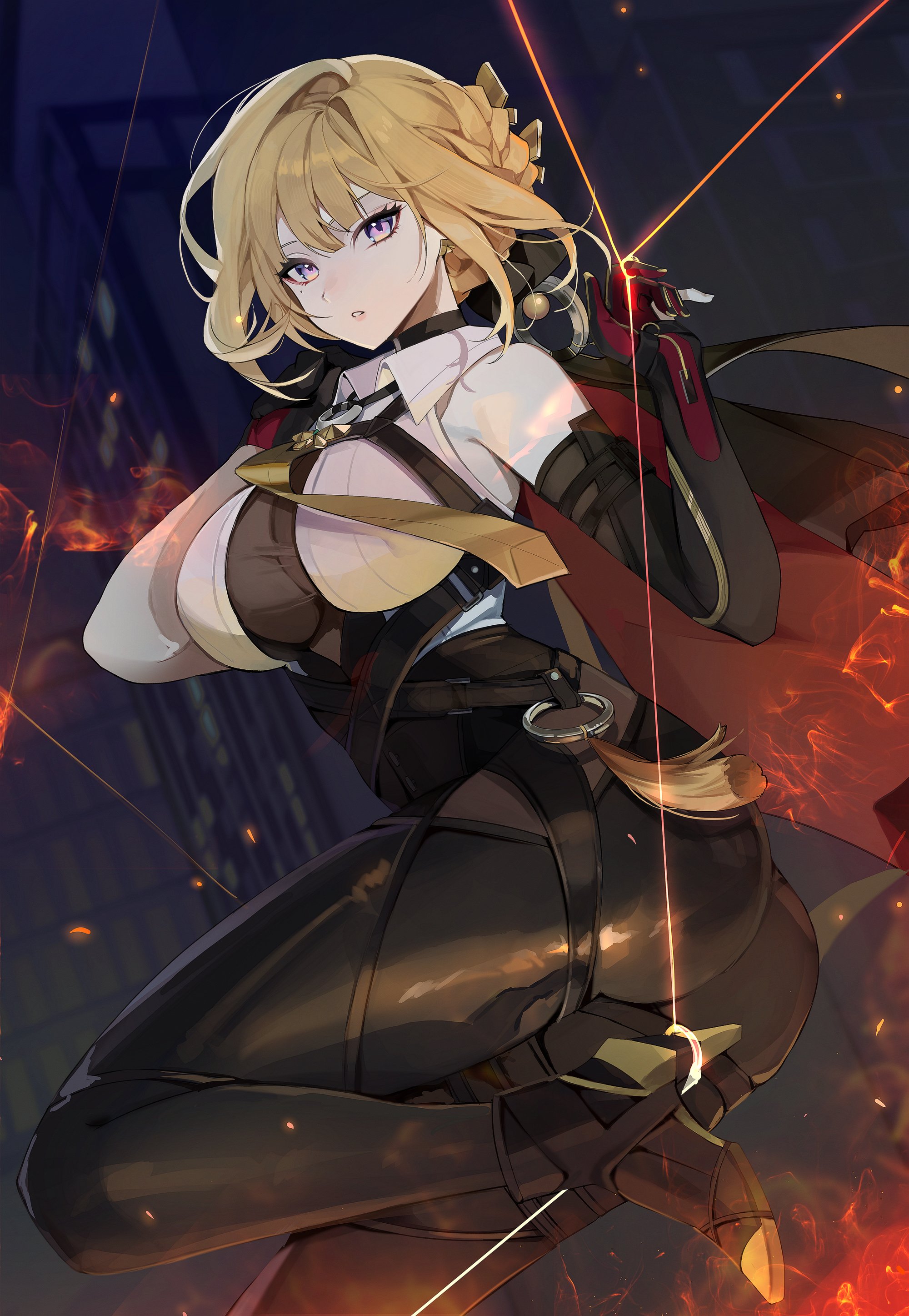evelyn chevalier, zenless zone zero, absurdres, highres, 1girl, ass, asymmetrical gloves, bada bam, black gloves, black pants, blonde hair, breasts, collared shirt, elbow gloves, gloves, high heels, large breasts, looking at viewer, pants, parted lips, partially fingerless gloves, purple eyes, red gloves, shirt, sleeveless, sleeveless shirt, solo, standing, standing on one leg, tight clothes, tight pants, two-tone gloves, uneven gloves, white shirt