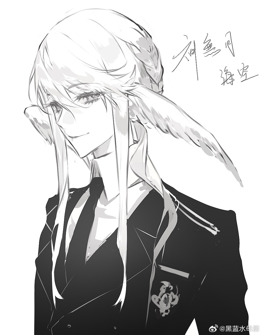 original, highres, 1boy, bishounen, black jacket, black necktie, braid, chinese text, collared shirt, formal clothes, hair between eyes, head wings, heilanshuimuchu, jacket, long hair, long sleeves, looking at viewer, male focus, military uniform, monochrome, necktie, shirt, sidelocks, simple background, smile, solo, upper body, white background, white hair, white shirt, wings