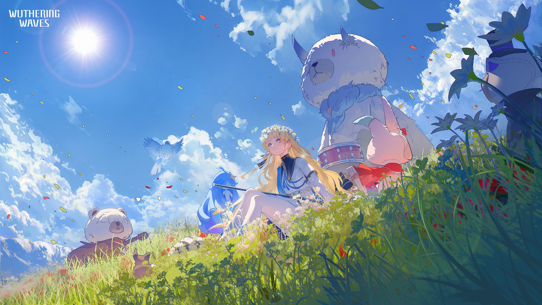void 0, phoebe (wuthering waves), wuthering waves, commentary, duplicate, english commentary, highres, official art, second-party source, 1girl, black collar, blonde hair, blue sash, blue sky, closed mouth, cloud, collar, day, head wreath, knees up, logo, long hair, long sleeves, looking up, on grass, outdoors, pantyhose, purple eyes, sash, shirt, sitting, skirt, sky, smile, staff, sun, tacet discord (wuthering waves), very long hair, white pantyhose, white shirt, white skirt