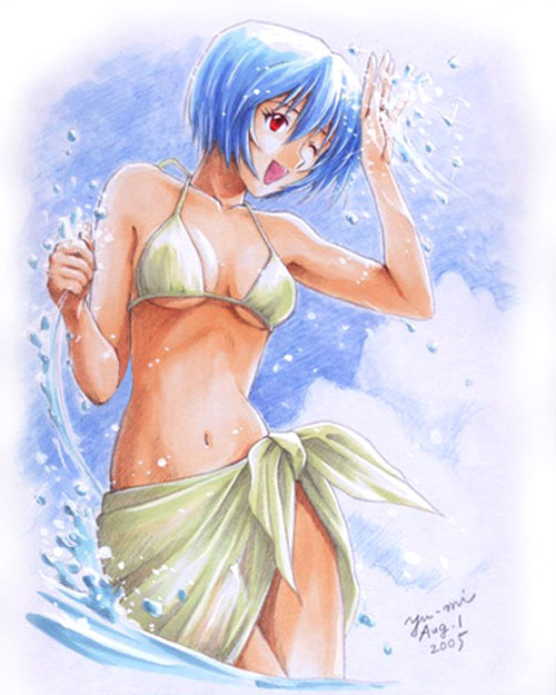 yu-mi, ayanami rei, neon genesis evangelion, traditional media, 00s, 1girl, 2005, ;d, artist name, bikini, blue hair, bob cut, breasts, cleavage, cloud, collarbone, cowboy shot, dated, female focus, green bikini, navel, ocean, one eye closed, open mouth, red eyes, sarong, sky, smile, solo, splashing, swimsuit, underboob, wading, water, wet, wink