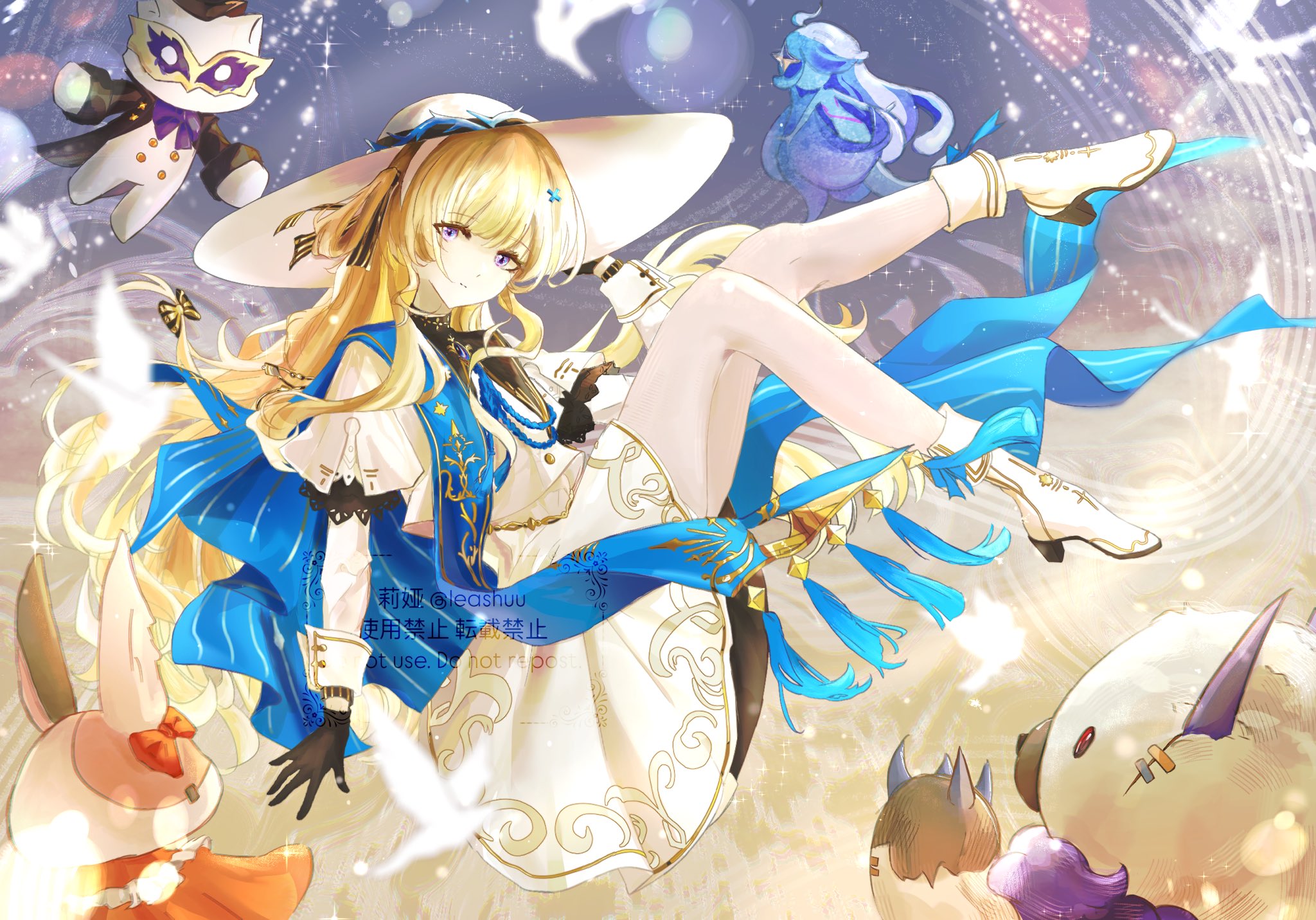 leah (lieus g), phoebe (wuthering waves), wuthering waves, commentary, hashtag-only commentary, highres, 1girl, black collar, black gloves, blonde hair, blue sash, boots, closed mouth, collar, gloves, hair ornament, hat, long hair, long sleeves, looking at viewer, nimbus wraith (wuthering waves), pantyhose, purple eyes, sash, shirt, skirt, solo, tacet discord (wuthering waves), white boots, white hat, white pantyhose, white shirt, white skirt, x hair ornament