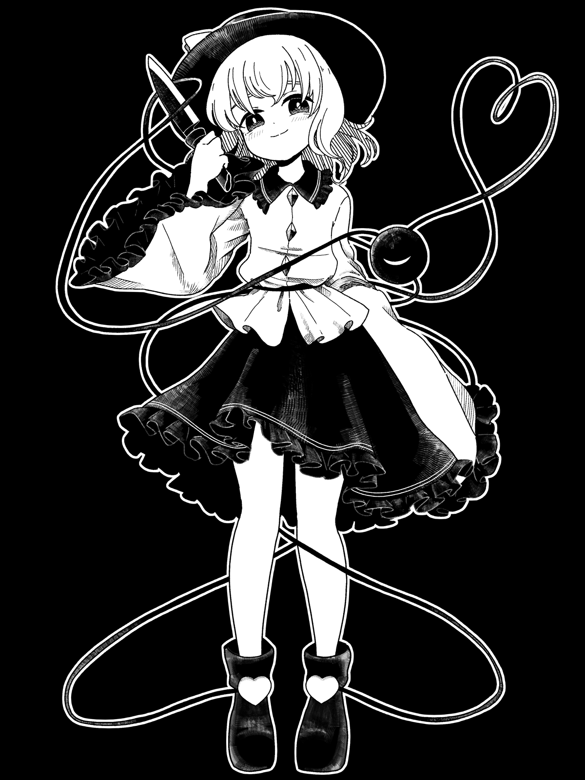 roudendayo, komeiji koishi, touhou, commentary, highres, 1girl, boots, frilled skirt, frills, greyscale, hat, holding, holding knife, knife, looking at viewer, monochrome, outline, shirt, short hair, skirt, smile, solo, third eye, wide sleeves