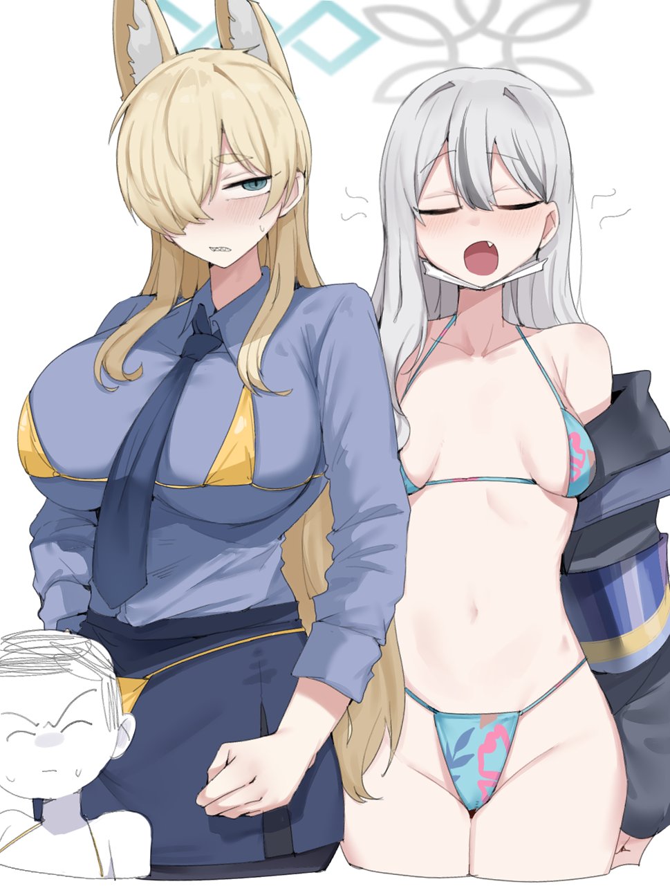 gurenola, kanna (blue archive), konoka (blue archive), blue archive, highres, 2girls, animal ear fluff, bikini, bikini over clothes, black pantyhose, blonde hair, blue bikini, blue shirt, blue skirt, breasts, closed mouth, collarbone, collared shirt, fang, gold bikini, grey eyes, grey hair, hair over one eye, large breasts, long hair, multiple girls, necktie, open mouth, pantyhose, sharp teeth, shirt, skirt, small breasts, swimsuit, teeth, virtual youtuber
