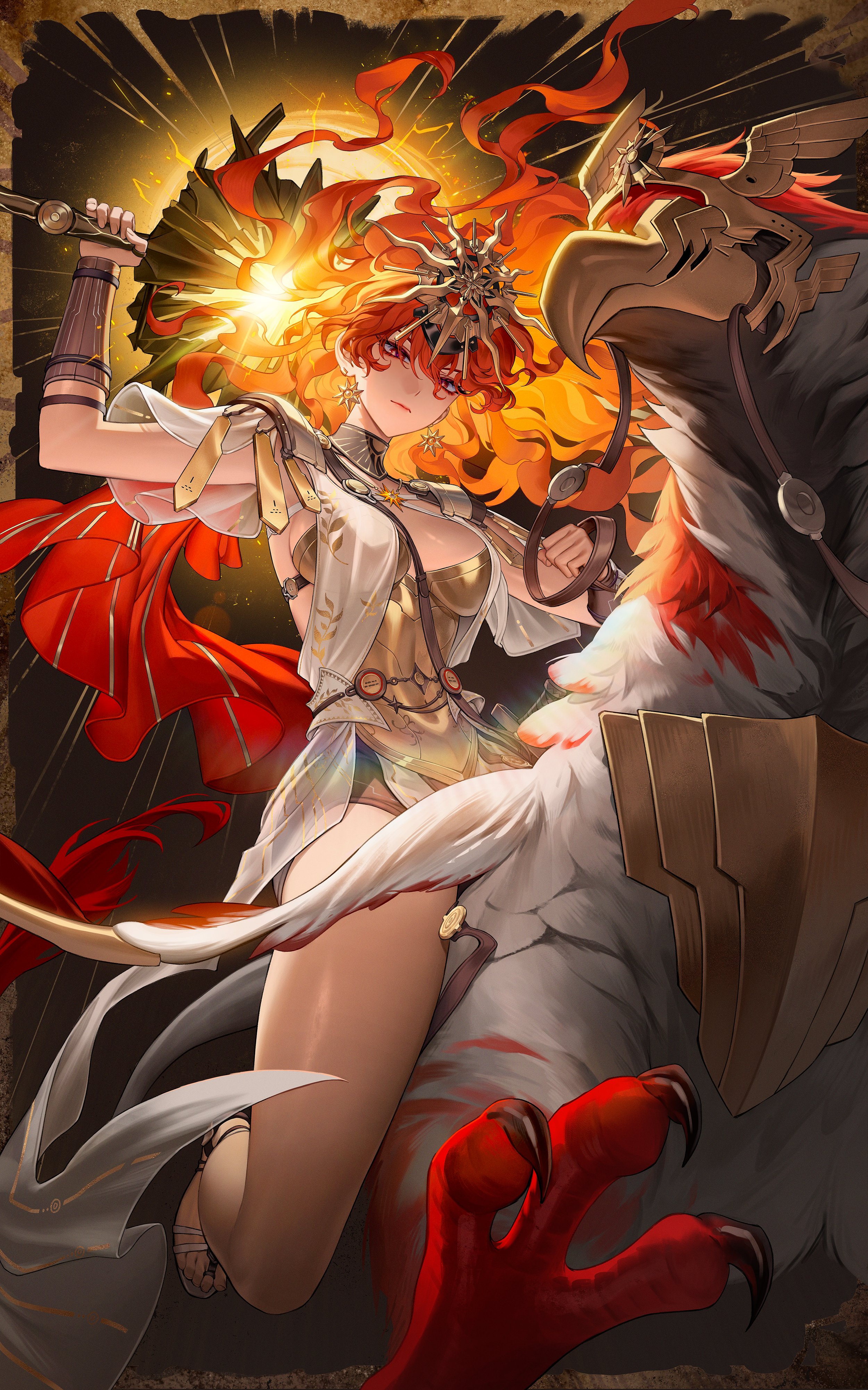 zzom b, augusta (wuthering waves), wuthering waves, absurdres, commentary, hashtag-only commentary, highres, 1girl, ancient greek clothes, arm armor, arm up, armor, bare legs, black collar, breastplate, breasts, closed mouth, collar, dress, earrings, from below, greatsword, greco-roman clothes, headgear, holding, holding sword, holding weapon, jewelry, legs, long hair, looking at viewer, looking down, medium breasts, orange hair, red eyes, riding, solo, sun earrings, sun necklace, sword, tacet discord (wuthering waves), thighs, very long hair, weapon, white dress