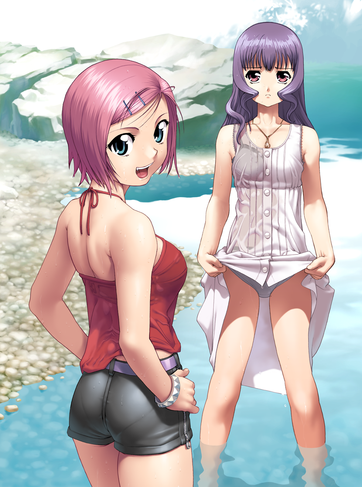 artist request, character request, copyright request, highres, tagme, 2girls, belt, blue eyes, bra, buttons, clothes lift, dress, dress lift, facing away, facing viewer, frown, grey panties, hair ornament, hairclip, halterneck, jewelry, lifting own clothes, long hair, looking at viewer, looking back, multiple girls, necklace, nose, open mouth, outdoors, panties, pantylines, pendant, pink eyes, pink hair, purple hair, rock, see-through clothes, see-through dress, shirt, short hair, underwear, wading, water, wet, wet clothes, wet shirt, zipper, zipper shorts