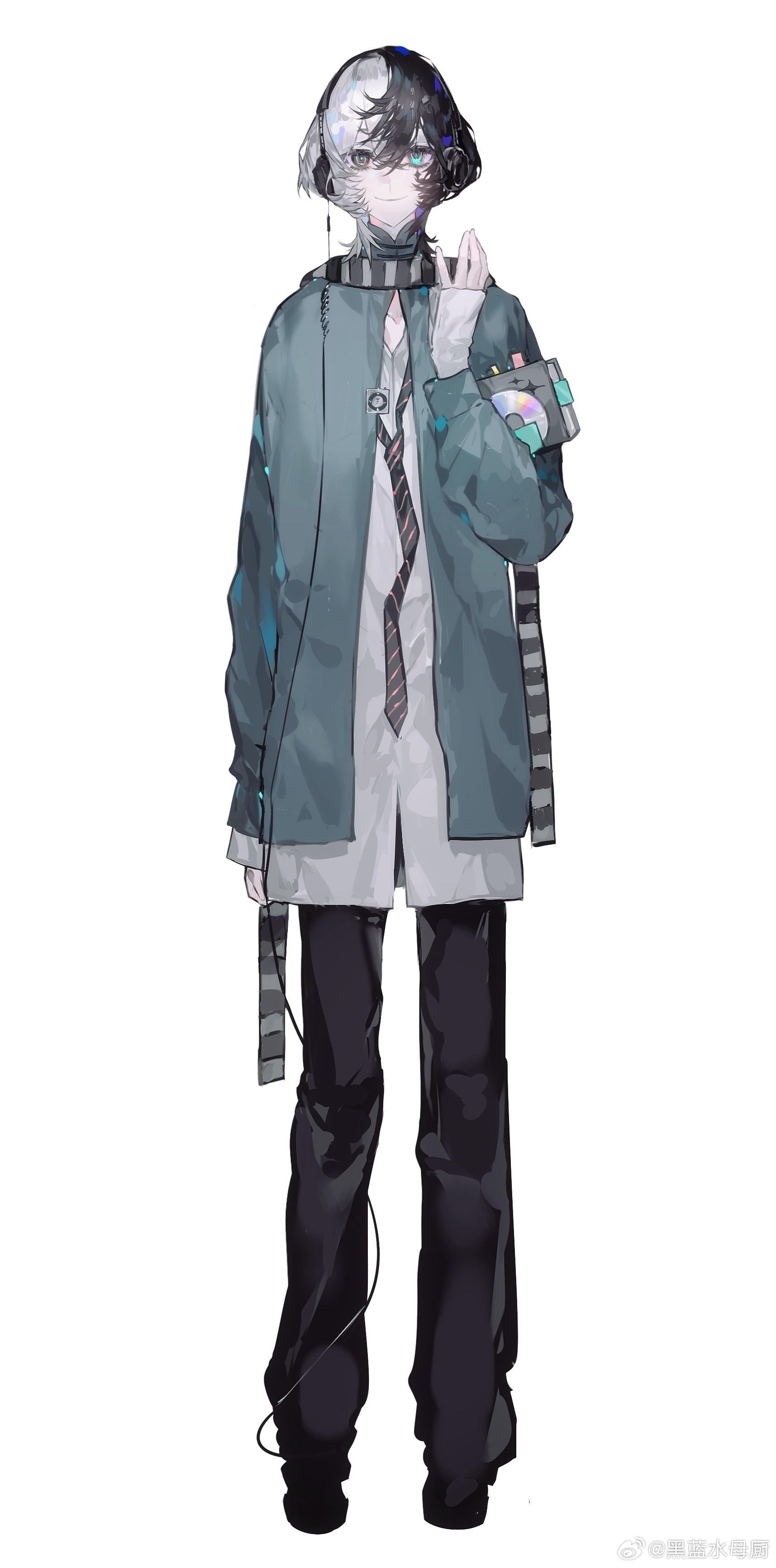 original, absurdres, highres, 1boy, bishounen, black hair, black pants, blue eyes, blue jacket, cd, cd player, cd walkman, full body, grey eyes, hair between eyes, hair ornament, hand up, headphones, heilanshuimuchu, heterochromia, jacket, long sleeves, looking at viewer, male focus, multicolored hair, necktie, open clothes, open jacket, pale skin, pants, scarf, shirt, short hair, simple background, smile, solo, standing, striped clothes, striped scarf, white background, white hair, white shirt