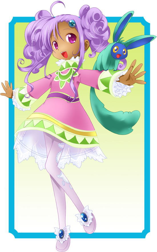 michii yuuki, meredy (tales), quickie (tales), namco, tales of (series), tales of eternia, 00s, 1girl, ahoge, curly hair, dark-skinned female, dark skin, female focus, lace, pantyhose, pet, purple eyes, purple hair, skirt, smile, solo, twintails