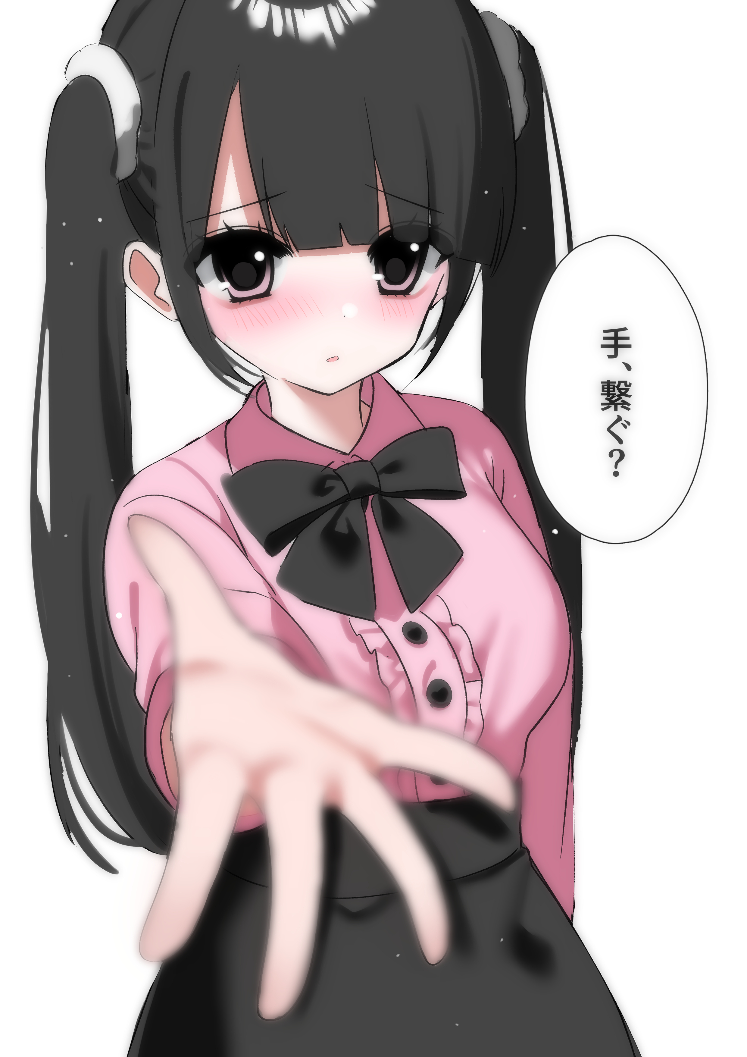 usausausabarasi, original, absurdres, highres, 1girl, black bow, black hair, black skirt, blurry, blurry foreground, blush, bow, cowboy shot, hair between eyes, jirai kei, light particles, long sleeves, open mouth, outstretched arm, pink shirt, shirt, shirt tucked in, simple background, skirt, solo, speech bubble, twintails, white background