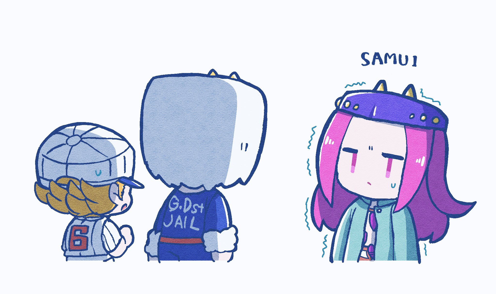 kasasagi (hinagi), emporio alnino, narciso anasui, weather report, jojo no kimyou na bouken, vento aureo, commentary request, highres, 3boys, aqua jacket, baseball cap, baseball uniform, belt, blonde hair, blue bodysuit, bodysuit, chibi, chibi only, closed mouth, fur-trimmed sleeves, fur hat, fur trim, hat, horned hat, jacket, long hair, multiple boys, open mouth, pink eyes, pink hair, purple hat, red belt, romaji text, shirt, short hair, short sleeves, sportswear, sweatdrop, trembling, white background, white fur, white hat, white shirt