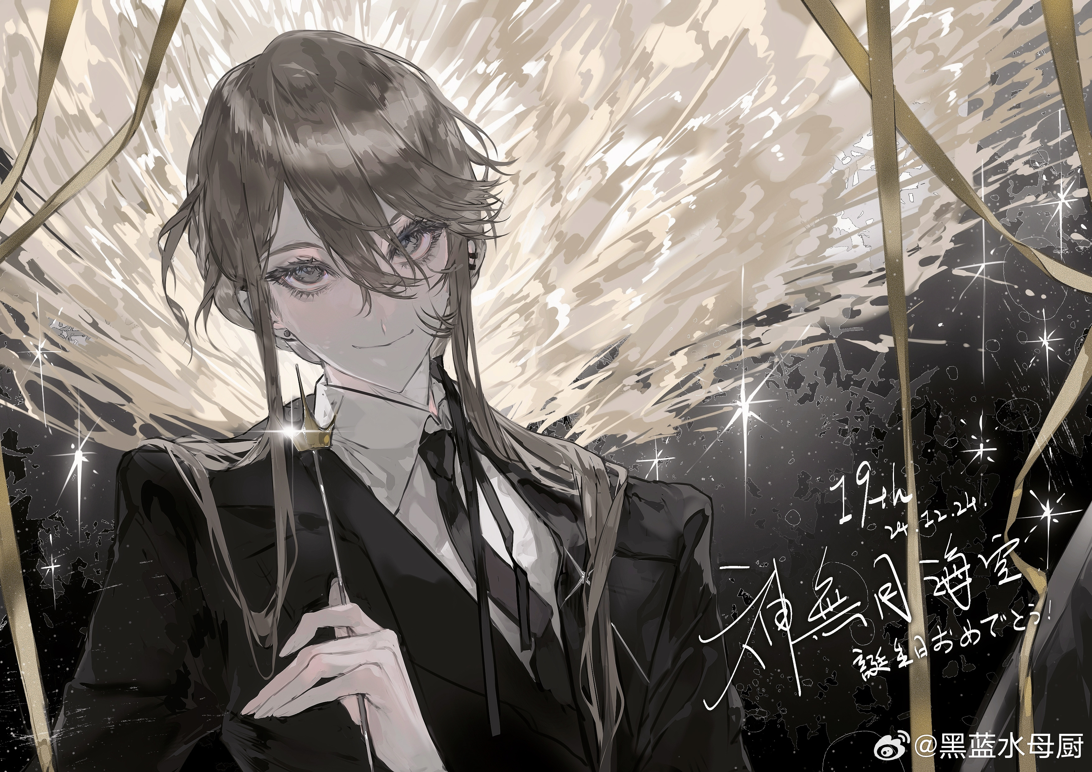 original, absurdres, highres, 1boy, bishounen, black jacket, black necktie, blonde hair, collared shirt, formal clothes, grey eyes, hair between eyes, heilanshuimuchu, holding, holding wand, jacket, long hair, long sleeves, looking at viewer, male focus, necktie, ribbon, shirt, sidelocks, smile, sparkle, suit, upper body, wand, white shirt, yellow ribbon