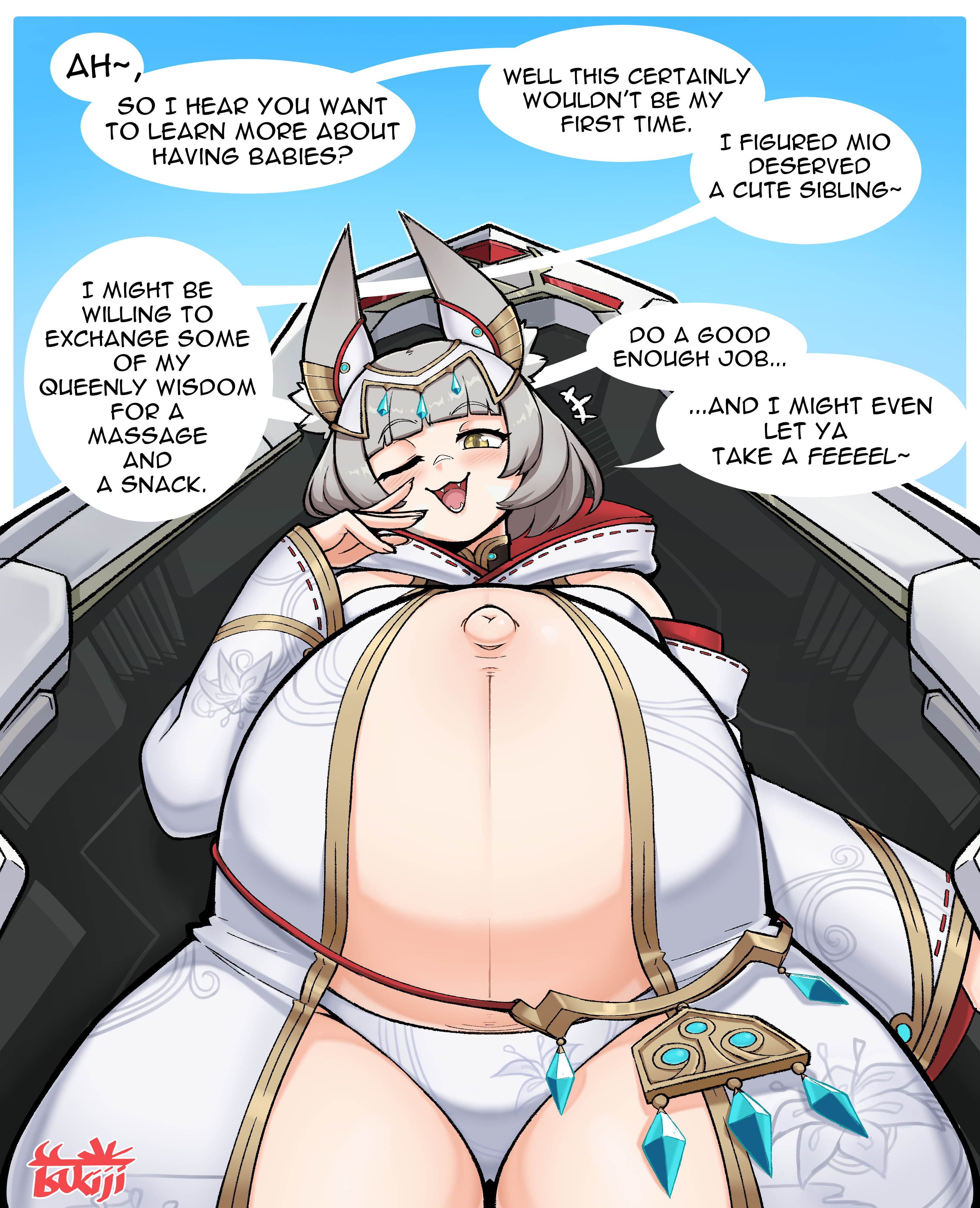 tsukijitums, nia (xenoblade), xenoblade chronicles (series), xenoblade chronicles 3, animal ears, big belly, cat ears, cat girl, dialogue box, navel, one eye closed, panties, pregnant, smile, smug, thick thighs, thighs, underwear, wink