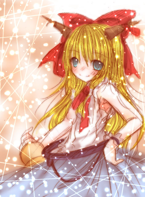 kasuga sunao, ibuki suika, touhou, 1girl, bare shoulders, blonde hair, blue eyes, blue skirt, blush, bottle, bow, bowtie, chain, female focus, gourd, hair bow, looking at viewer, red bow, red bowtie, shirt, skirt, smile, solo, sparkle, white shirt, wrist cuffs