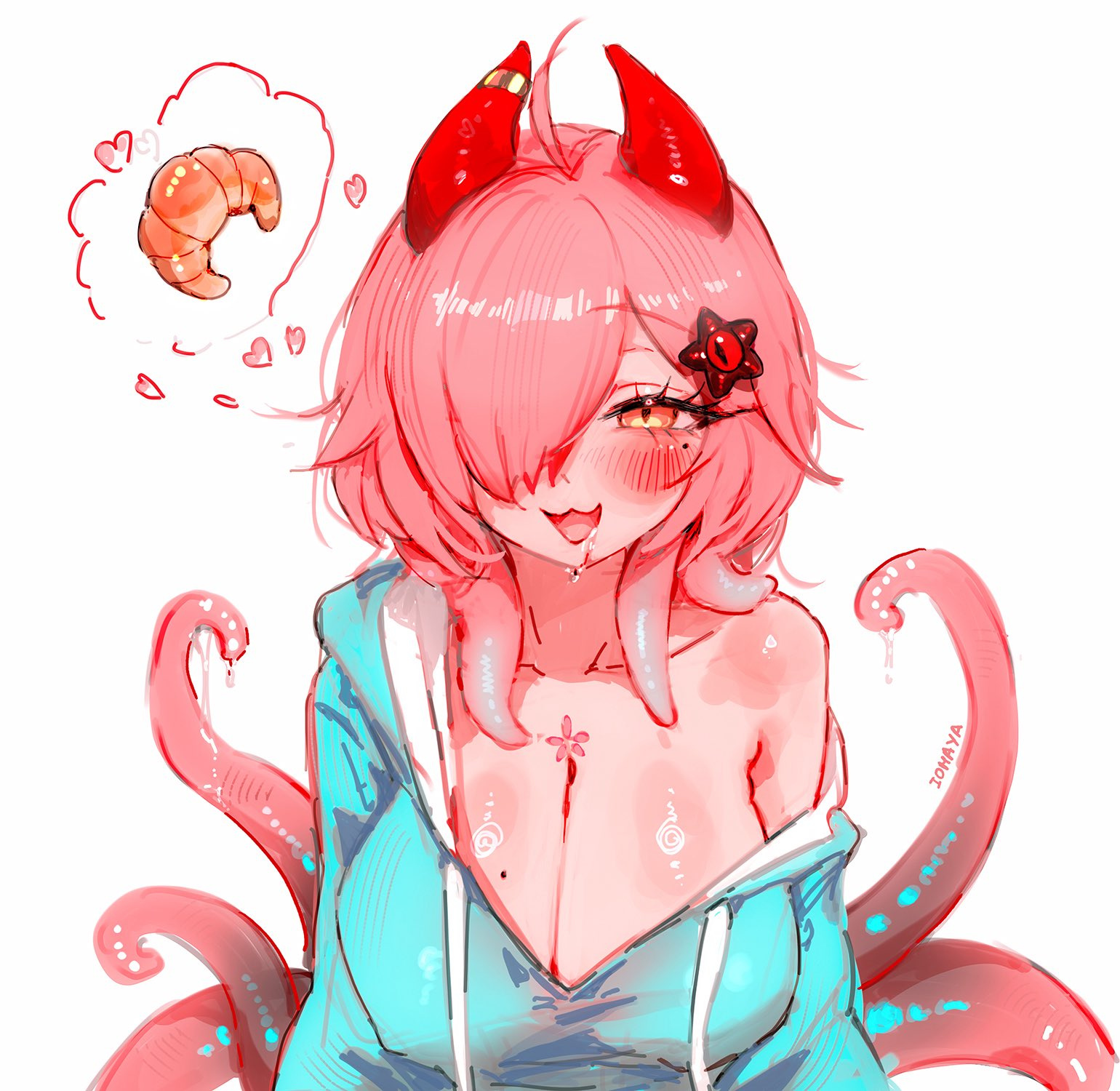 nixeu, indie virtual youtuber, commentary, english commentary, highres, 1girl, :3, ahoge, artist name, blue hoodie, blush, breasts, cleavage, collarbone, croissant, drooling, eyelashes, food, hair ornament, hair over one eye, heart, hood, hoodie, horns, huge breasts, iomaya (vtuber), long sleeves, looking at viewer, medium hair, mole, mole on breast, mole under eye, one eye covered, open mouth, pink hair, pink horns, saliva, simple background, single bare shoulder, smile, solo, star (symbol), star hair ornament, tentacle hair, tentacles, virtual youtuber, white background