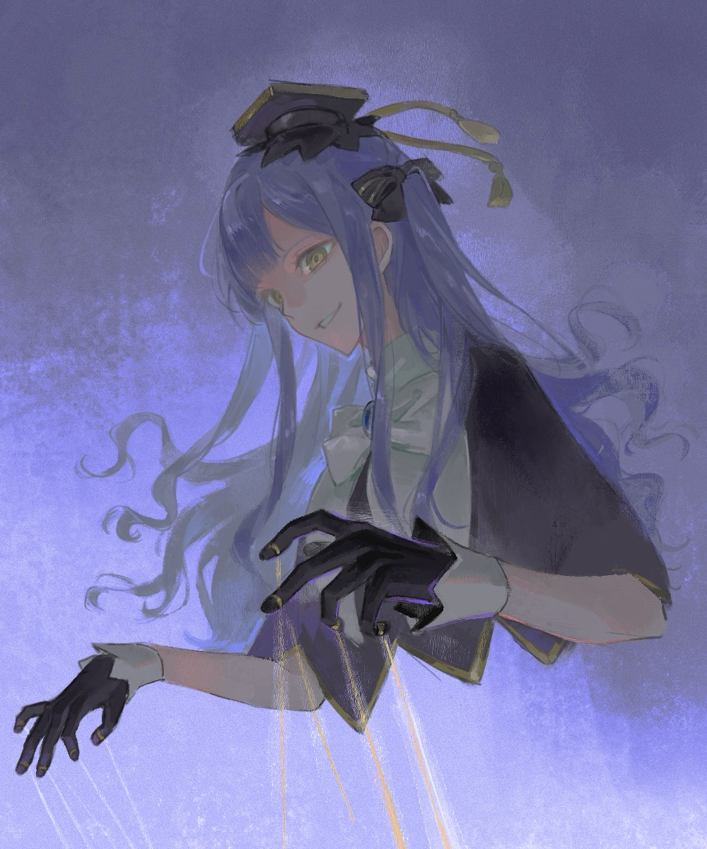 togawa sakiko, bang dream!, bang dream! it's mygo!!!!!, chinese commentary, commentary request, highres, 1girl, black bow, black capelet, black gloves, black hat, blue hair, bow, capelet, cropped torso, ge hai, gloves, hair bow, hat, long hair, long sleeves, looking at viewer, mini hat, puppet strings, sidelocks, smile, solo, two side up, upper body, yellow eyes