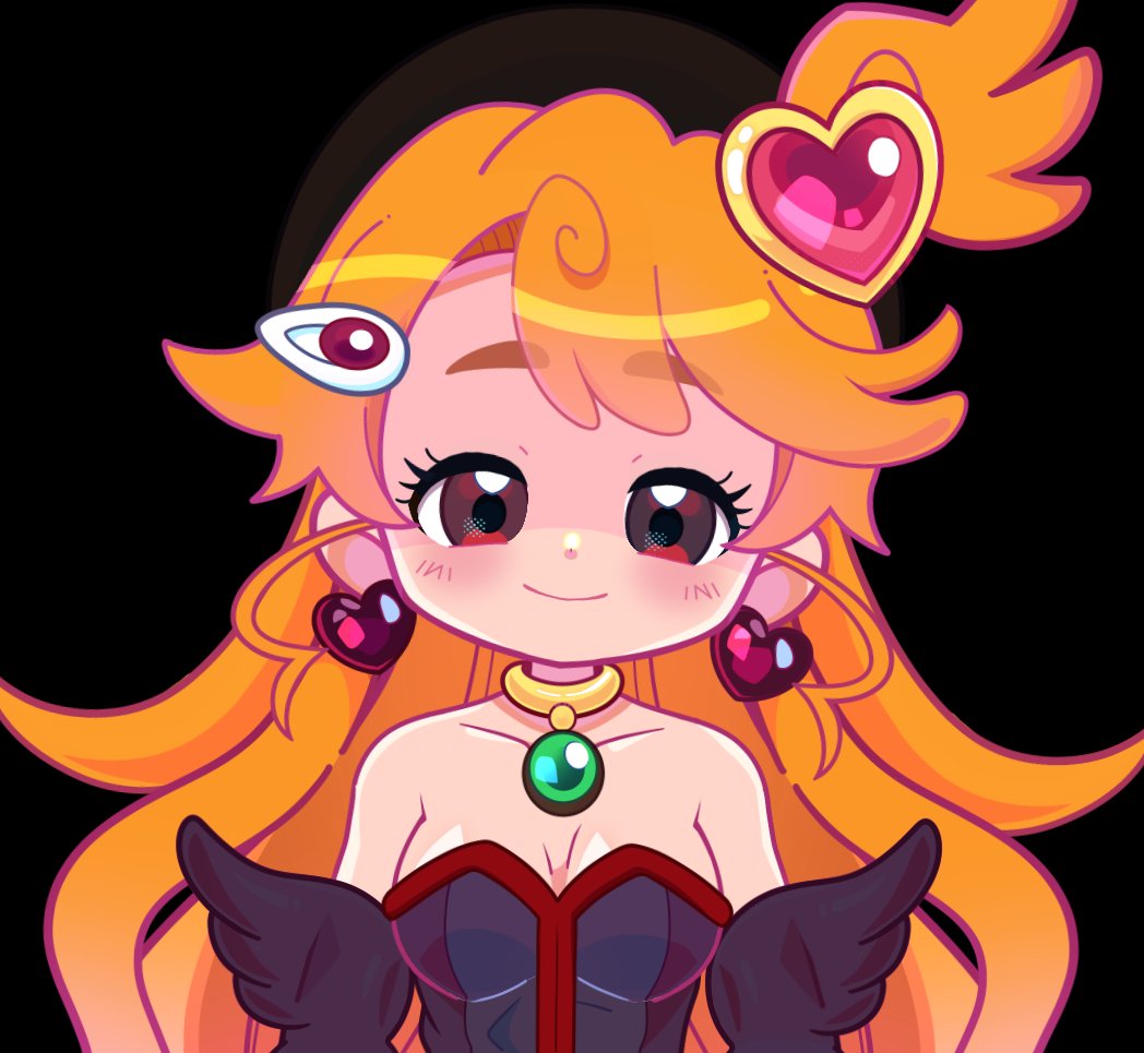 marikyuunn, marikyuunn (vtuber), marikyuunn (vtuber) (cyber cupid), indie virtual youtuber, commentary, english commentary, 1girl, alternate color, alternate eye color, bare shoulders, beret, black background, black dress, black gloves, black hat, black theme, blush, breasts, choker, cleavage, closed mouth, collarbone, corruption, curly hair, cyber fashion, dark persona, dress, earrings, elbow gloves, gem, gloves, green gemstone, hair ornament, hairclip, hat, heart, heart earrings, heart hair ornament, jewelry, long hair, looking at viewer, magical girl, medium breasts, official alternate costume, one side up, orange hair, portrait, red eyes, simple background, sleeveless, sleeveless dress, smile, solo, strapless, strapless dress, tareme, thick eyebrows, very long hair, virtual youtuber