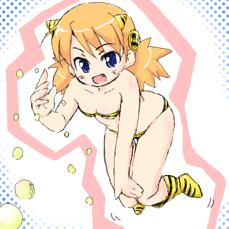 kojima tsuma, lum, sasamori karin, to heart (series), to heart 2, urusei yatsura, lowres, 1girl, animal print, bikini, cone horns, cosplay, female focus, horns, lum (cosplay), oekaki, oni, parody, solo, striped horns, swimsuit, tiger print, yellow bikini, yellow horns