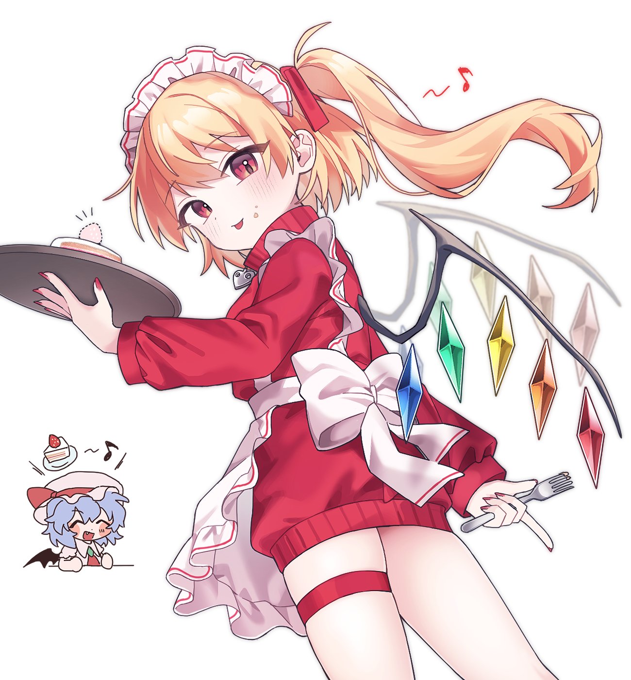 soooooook2, flandre scarlet, remilia scarlet, touhou, highres, 2girls, :p, apron, bat wings, blonde hair, blue hair, cake, crystal wings, dutch angle, fang, food, fork, frilled apron, frills, holding, holding fork, holding tray, looking at viewer, maid headdress, multicolored wings, multiple girls, red eyes, red sweater, short hair, side ponytail, simple background, solo focus, sweater, thigh strap, tongue, tongue out, tray, white apron, white background, wings