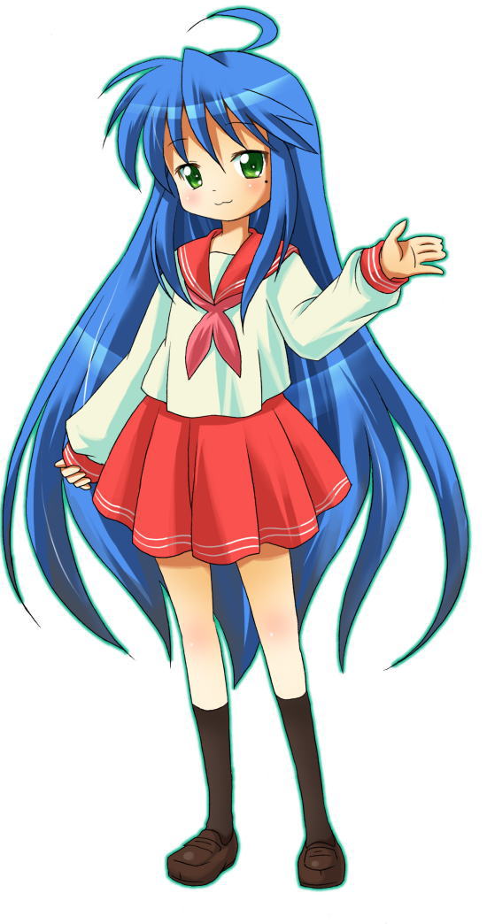 michii yuuki, izumi konata, lucky star, 00s, 1girl, black socks, blue hair, collarbone, female focus, full body, green eyes, kneehighs, loafers, long hair, long sleeves, looking at viewer, mole, mole under eye, necktie, pleated skirt, red necktie, red skirt, school uniform, serafuku, shirt, shoes, simple background, skirt, socks, solo, standing, very long hair, waving, white background, white shirt