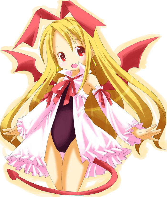 michii yuuki, flonne, flonne (fallen angel), disgaea, makai senki disgaea, makai senki disgaea 2, makai senki disgaea 3, nippon ichi, 00s, animal ears, bat wings, blonde hair, demon girl, demon wings, fallen angel, fang, flat chest, gloves, leotard, long hair, pointy ears, rabbit ears, red eyes, tail, wings