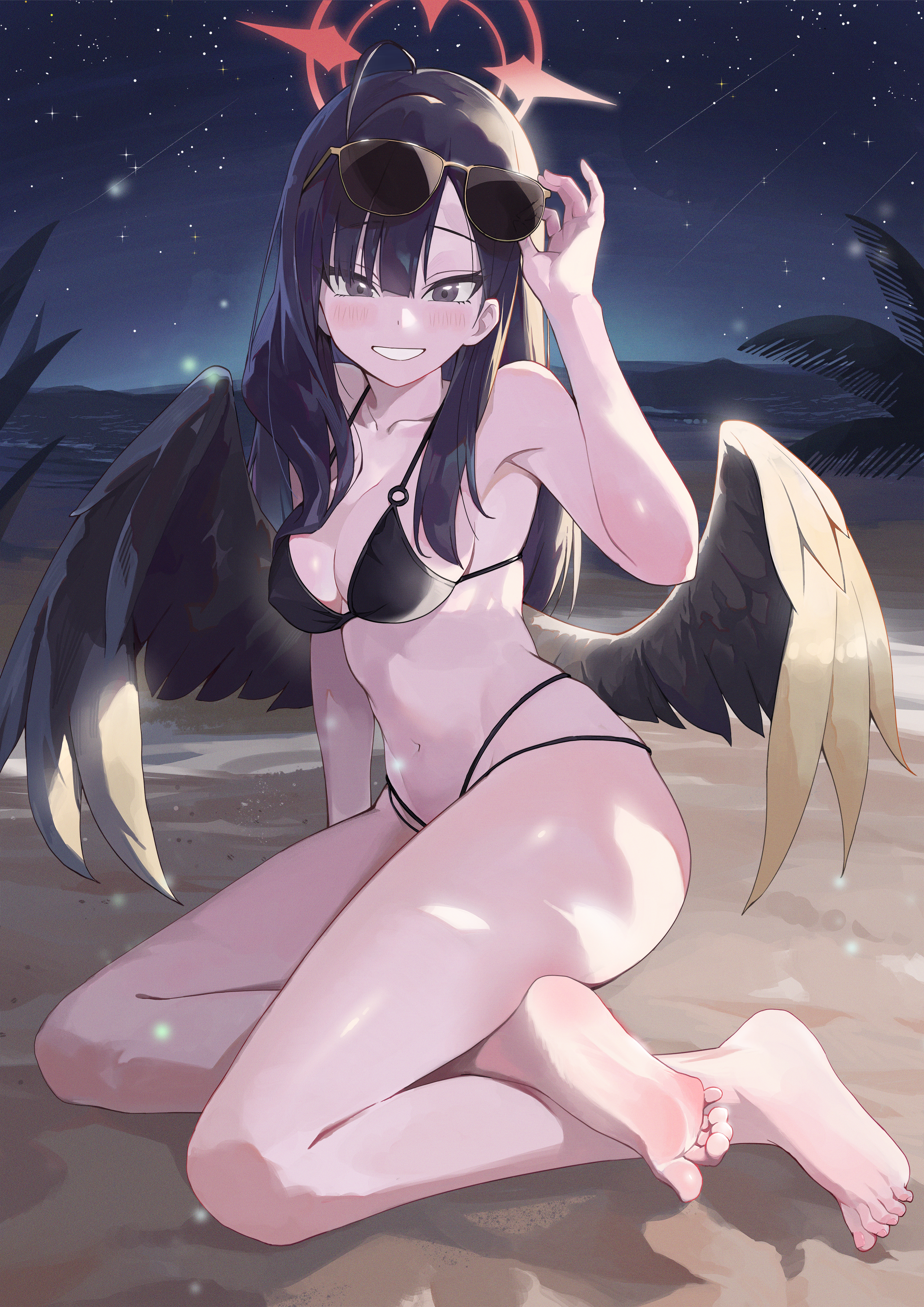 feng zhe (user jnxf3524), ichika (blue archive), blue archive, absurdres, chinese commentary, commentary request, highres, revision, 1girl, bare arms, barefoot, beach, black hair, black wings, breasts, feet, from side, full body, grey eyes, grin, halo, long hair, looking at viewer, looking to the side, medium breasts, night, red halo, sitting, sky, smile, solo, star (sky), starry sky, sunglasses, swimsuit, wings