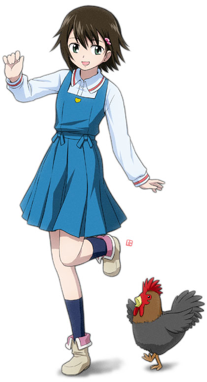 nagian, isurugi noe, raigomaru, true tears, uniform, 00s, 1girl, bird, boots, brown hair, chicken, female focus, food, full body, green eyes, short hair, solo, standing