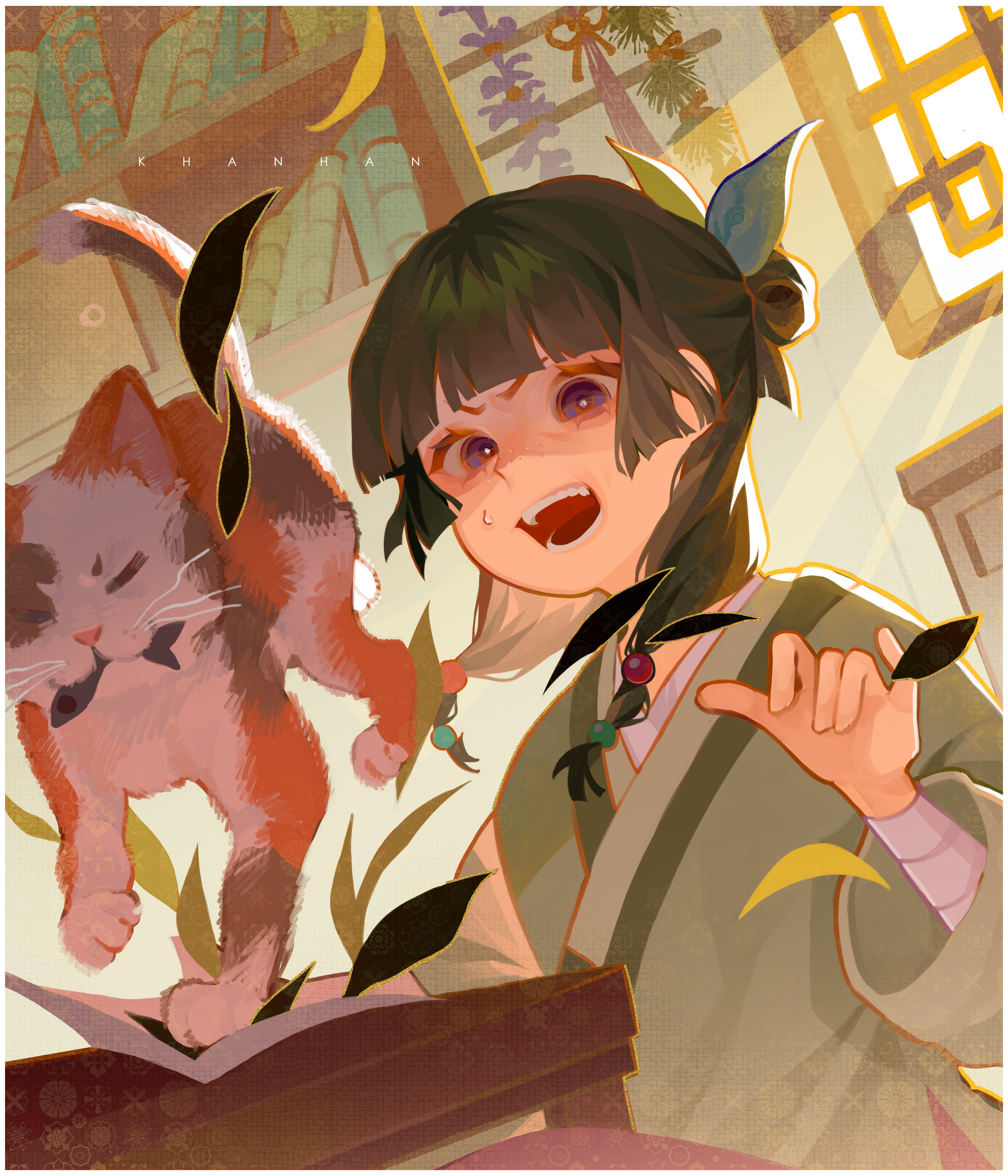 maomao (kusuriya no hitorigoto), kusuriya no hitorigoto, absurdres, commentary, english commentary, highres, 1girl, animal, arm wrap, beads, blunt bangs, book, bookshelf, cat, day, diane allard, flower, frown, green hair, green kimono, hair beads, hair ornament, indoors, japanese clothes, kimono, leaf, long hair, long sleeves, looking at another, purple eyes, purple flower, sidelocks, sitting, surprised, sweatdrop, table, teeth, wide sleeves, window