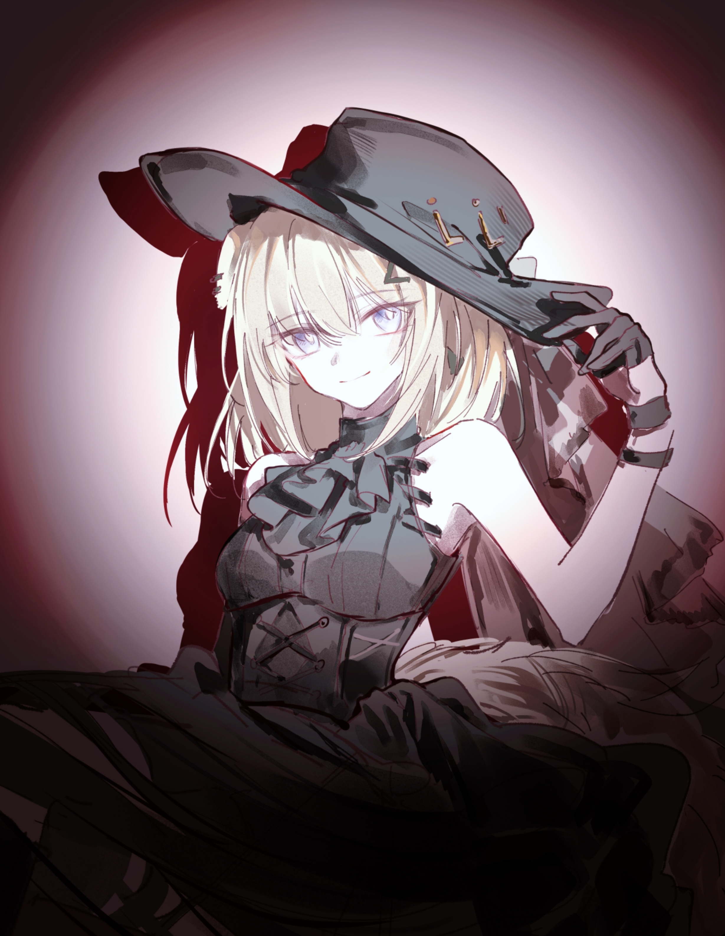 misumi uika, arknights, bang dream!, bang dream! it's mygo!!!!!, absurdres, chinese commentary, commentary request, highres, 1girl, animal ears, ascot, bare shoulders, black ascot, black dress, black gloves, black hat, blonde hair, breasts, closed mouth, cowboy shot, dog ears, dog girl, dog tail, dress, gloves, hair between eyes, half gloves, hand on headwear, hand up, hat, kemonomimi mode, looking at viewer, medium breasts, misumi uika (caged singer), official alternate costume, purple eyes, sleeveless, sleeveless dress, smile, solo, spotlight, tail, tian cheng hua