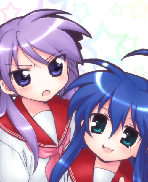 usashiro mani, hiiragi kagami, izumi konata, lucky star, eyebrows, bad id, bad pixiv id, 00s, 2girls, :3, :d, :o, ahoge, blue hair, blush, long hair, looking at viewer, mole, mole under eye, multiple girls, open mouth, parted lips, pink hair, purple eyes, sailor collar, school uniform, serafuku, sidelocks, simple background, smile, upper body, very long hair, white background