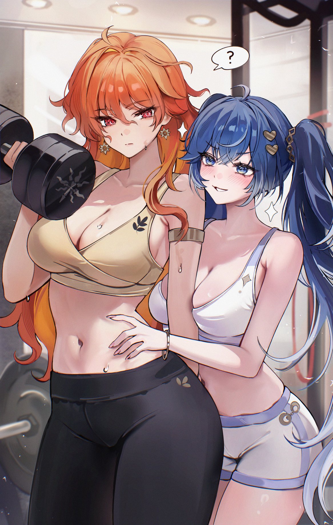 zije, augusta (wuthering waves), iuno (wuthering waves), wuthering waves, commentary, highres, symbol-only commentary, 2girls, ?, ahoge, alternate costume, armlet, bare shoulders, black leggings, blue eyes, blue hair, blush, breasts, cleavage, closed mouth, collarbone, dumbbell, earrings, exercising, fingernails, gradient hair, gym, hair between eyes, hair ornament, heart, heart hair ornament, holding, holding dumbbell, indoors, jewelry, large breasts, leggings, long fingernails, long hair, looking at another, multicolored hair, multiple girls, navel, orange hair, pants, parted lips, red eyes, shorts, smile, sparkle, sparkling aura, spoken question mark, sports bra, stomach, sun earrings, sweat, thighs, torso grab, weightlifting, white shorts, white sports bra, yellow sports bra, yoga pants