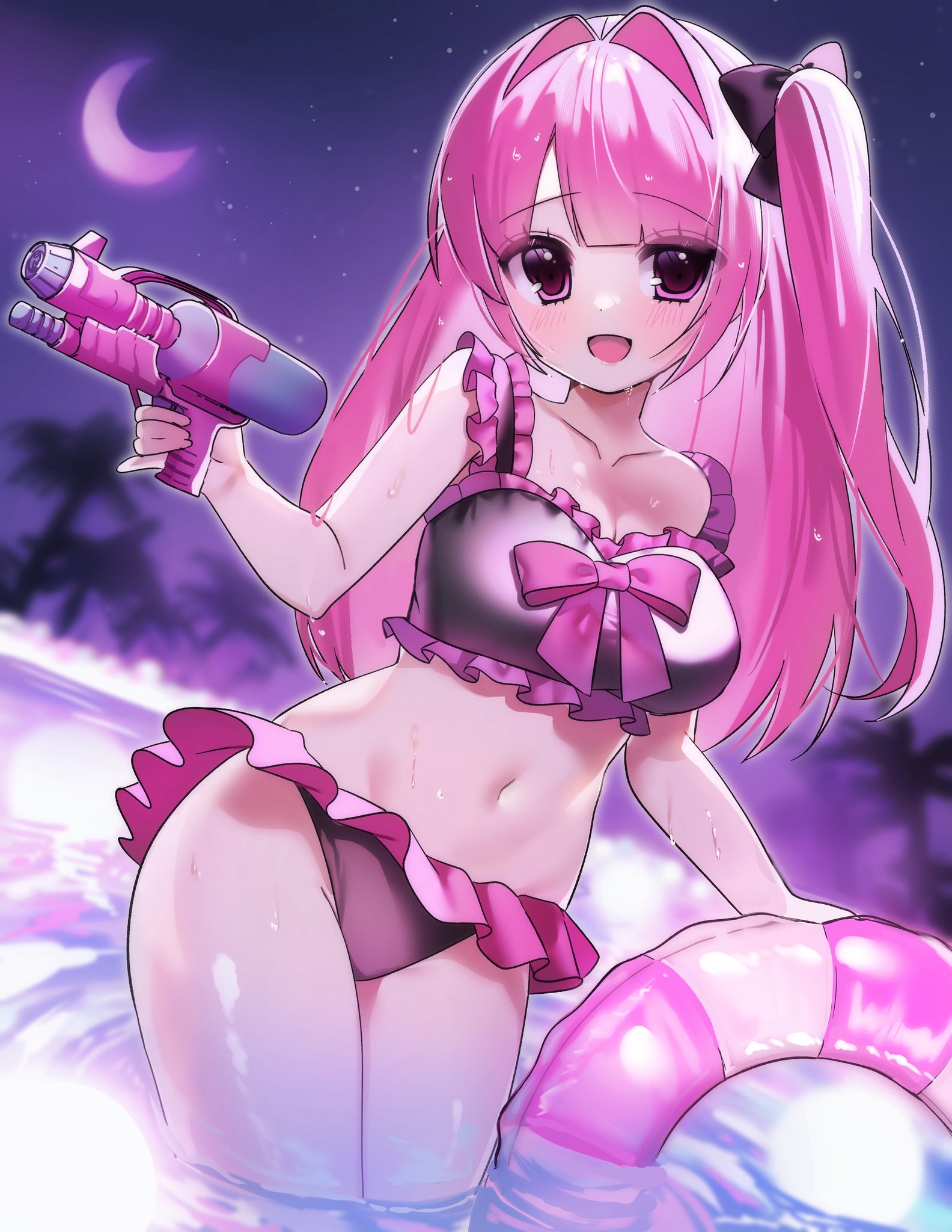 usausausabarasi, original, commentary, highres, 1girl, bikini, black bow, blurry, blurry background, bow, cowboy shot, crescent moon, frilled bikini, frills, hair between eyes, hair bow, hair intakes, half updo, holding, holding water gun, innertube, long hair, moon, night, night sky, open mouth, pink hair, pool, side ponytail, sky, smile, solo, swim ring, swimsuit, wading, water gun, wet
