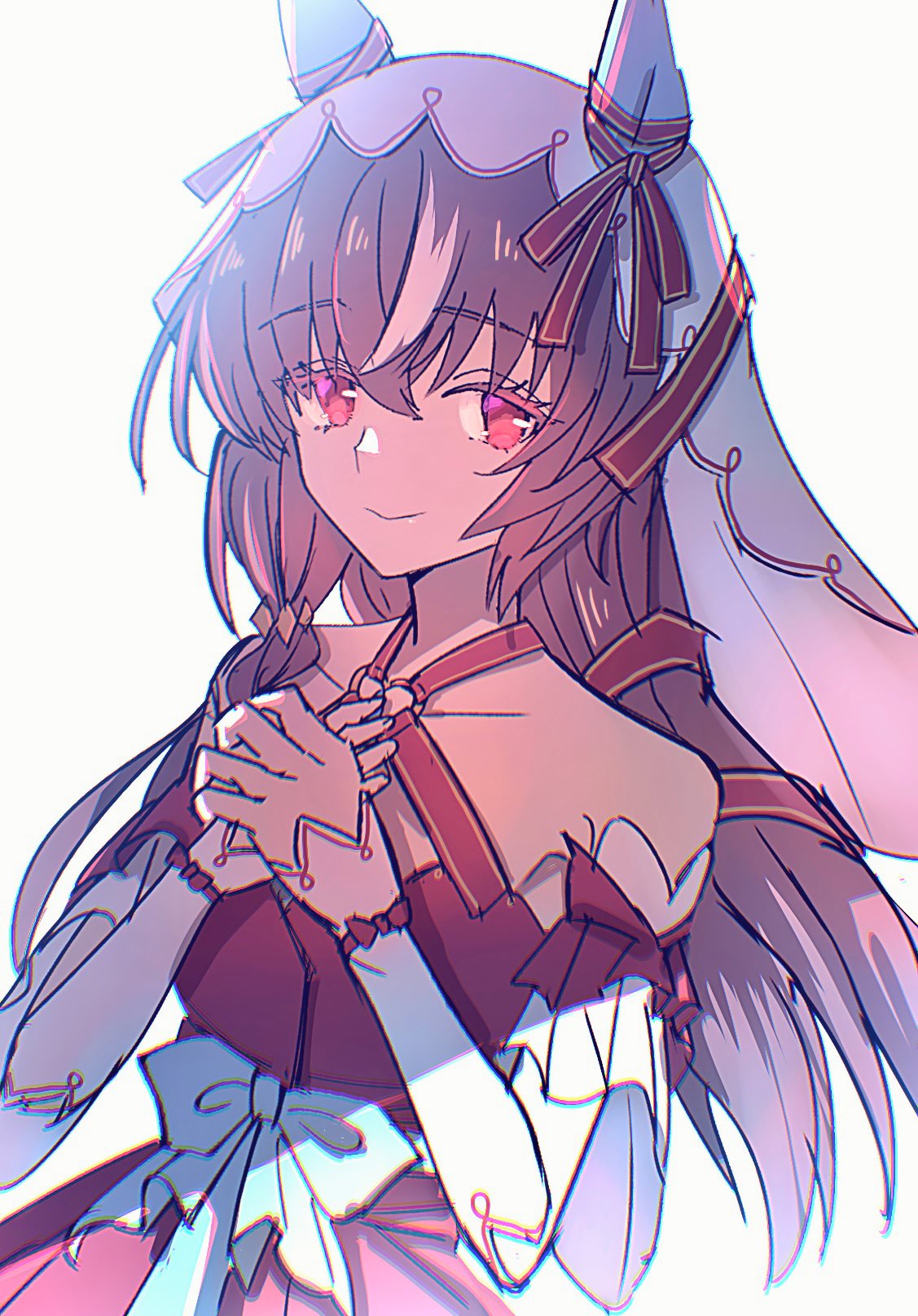 ruko072, still in love (umamusume), umamusume, highres, 1girl, animal ears, bow, breasts, brown hair, dress, dress bow, ear covers, horse ears, horse girl, looking at viewer, multicolored hair, red dress, red eyes, small breasts, smile, solo, streaked hair, upper body, veil, white background, white bow, white veil
