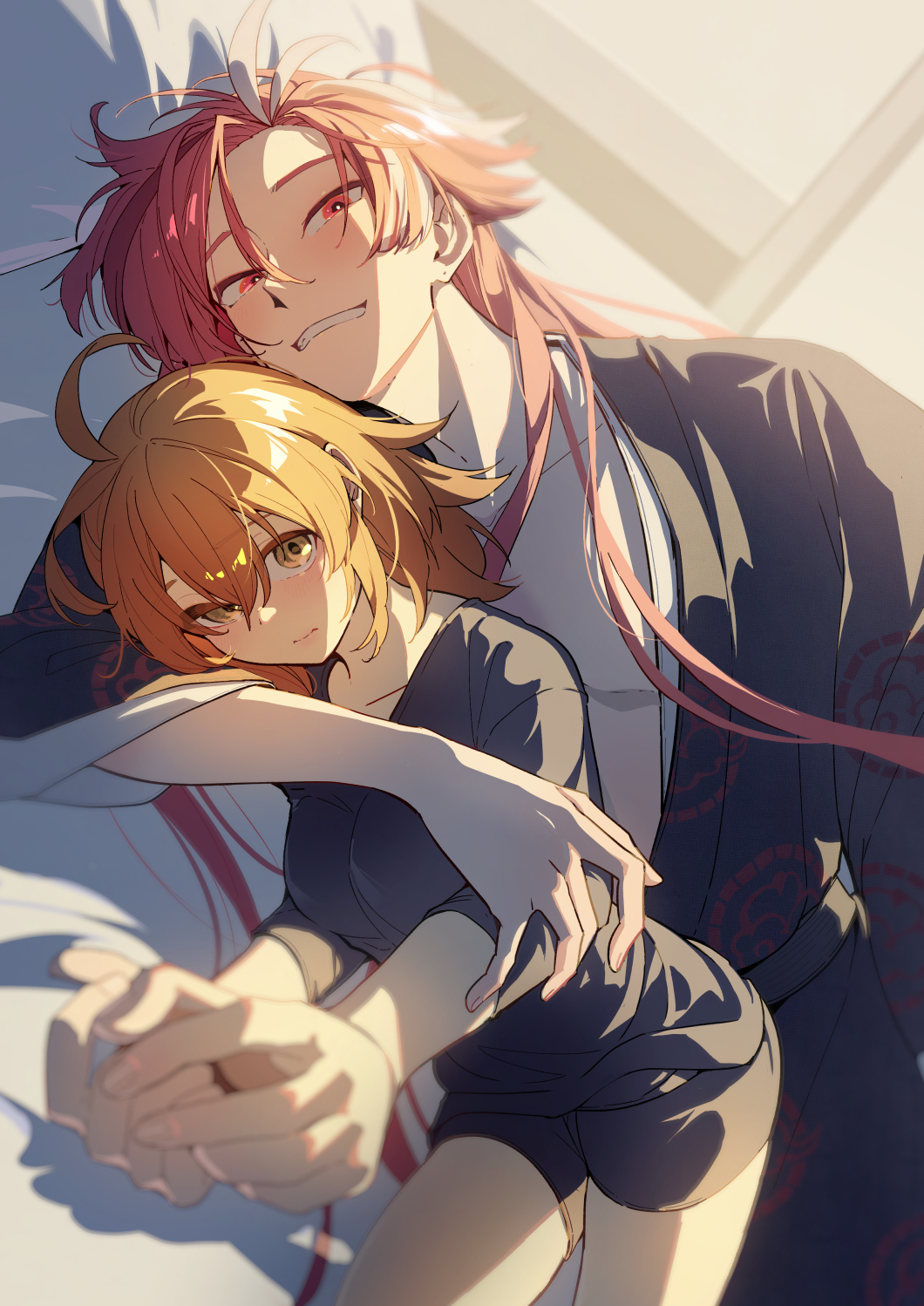 age nasuo, fujimaru ritsuka (female), takasugi shinsaku (fate), fate/grand order, fate (series), highres, 1boy, 1girl, ahoge, alternate costume, bed, japanese clothes, long hair, looking at viewer, lying, male focus, multicolored hair, on side, orange eyes, orange hair, red eyes, red hair, short hair, streaked hair
