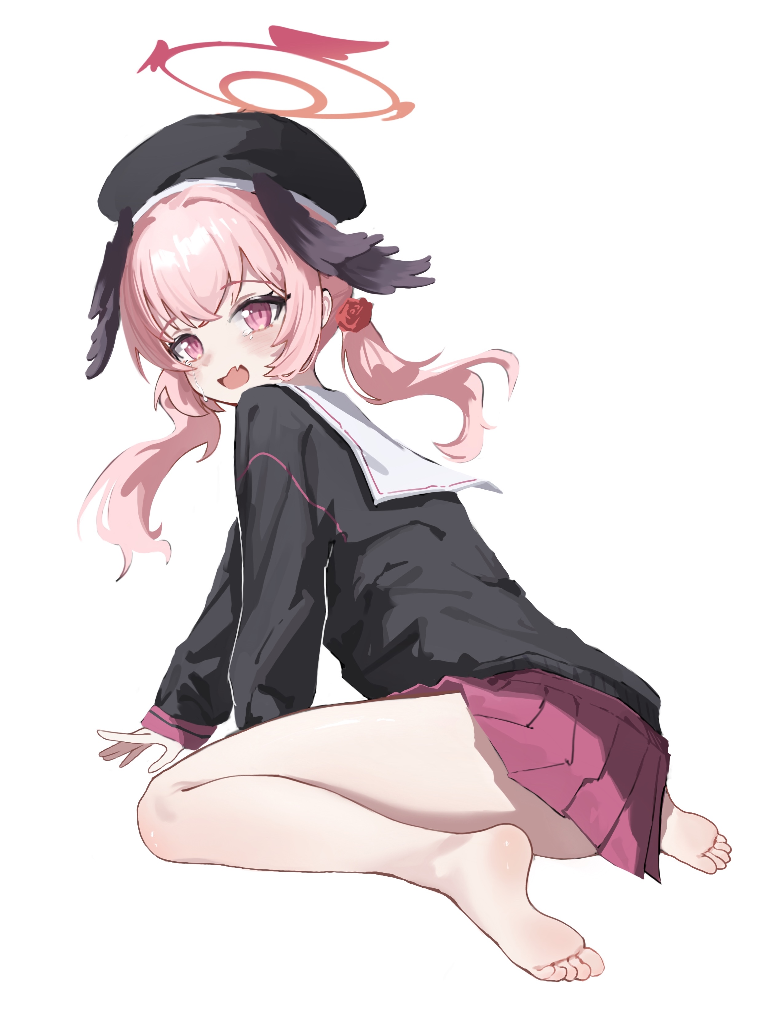 xiaoxiaoyifan, koharu (blue archive), blue archive, absurdres, chinese commentary, highres, making-of available, procreate (medium), 1girl, arm support, barefoot, beret, black hat, black shirt, black wings, blush, crossed bangs, fang, feathered wings, flower, from side, full body, hair flower, hair ornament, halo, hat, head wings, leaning forward, long hair, long sleeves, looking at viewer, miniskirt, open mouth, pink eyes, pink hair, pink halo, pink skirt, pleated skirt, red flower, sailor collar, sailor shirt, school uniform, serafuku, shirt, sidelocks, simple background, sitting, skin fang, skirt, sleeves past wrists, soles, solo, tears, toes, turning head, twintails, wariza, white background, white sailor collar, winged halo, wings