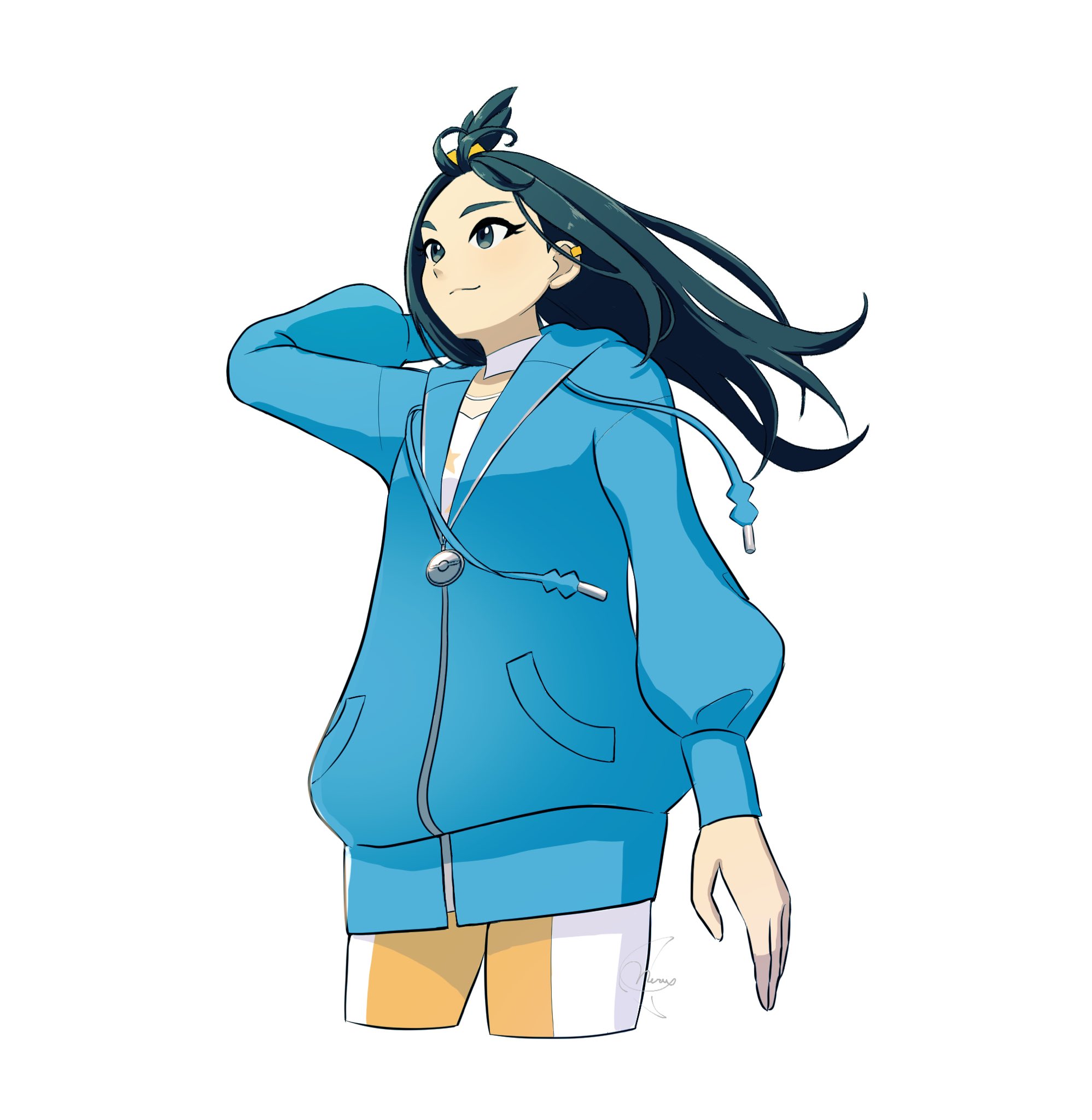meru merume603, lida (pokemon), nintendo, pokemon, pokemon legends: z-a, highres, mixed-language commentary, 1girl, black hair, blue hoodie, choker, closed mouth, cowboy shot, earclip, eyelashes, grey eyes, hair ornament, hand up, hood, hood down, hoodie, leggings, long hair, long sleeves, simple background, smile, solo, tassel, topknot, white background, white choker, white leggings, zipper pull tab