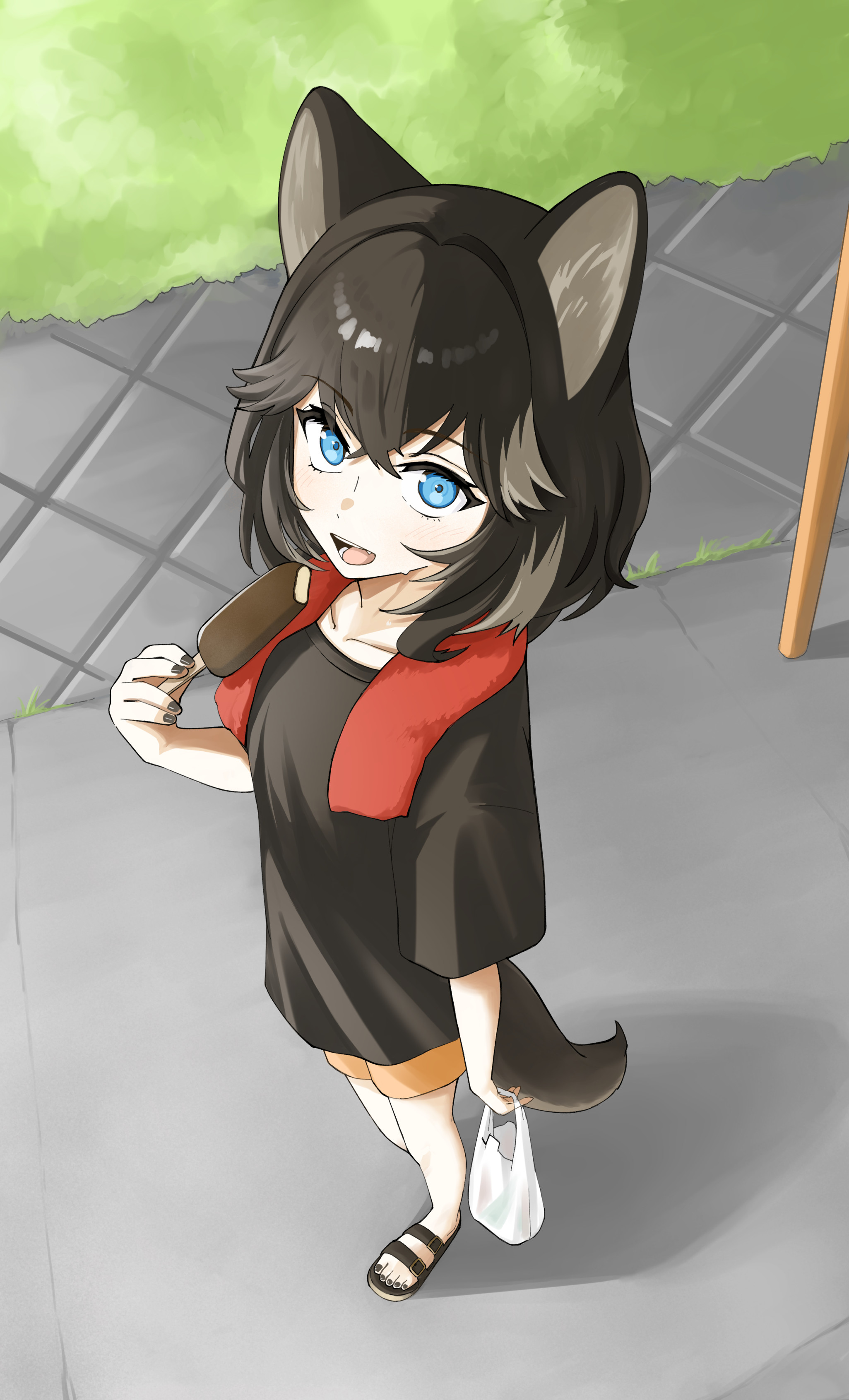 itsumeee3, nero (kmnz), kmnz, absurdres, commentary request, highres, 1girl, animal ears, bag, black hair, black nails, black sandals, black shirt, blue eyes, collarbone, crossed bangs, day, dog ears, dog girl, dog tail, eating, food, full body, grey streaks, hair between eyes, holding, holding bag, holding food, holding ice cream, ice cream, looking at viewer, looking up, multicolored hair, nail polish, open mouth, orange shorts, outdoors, plastic bag, sandals, shirt, short hair, short shorts, short sleeves, shorts, smile, solo, standing, streaked hair, tail, toenail polish, toenails, virtual youtuber, walking