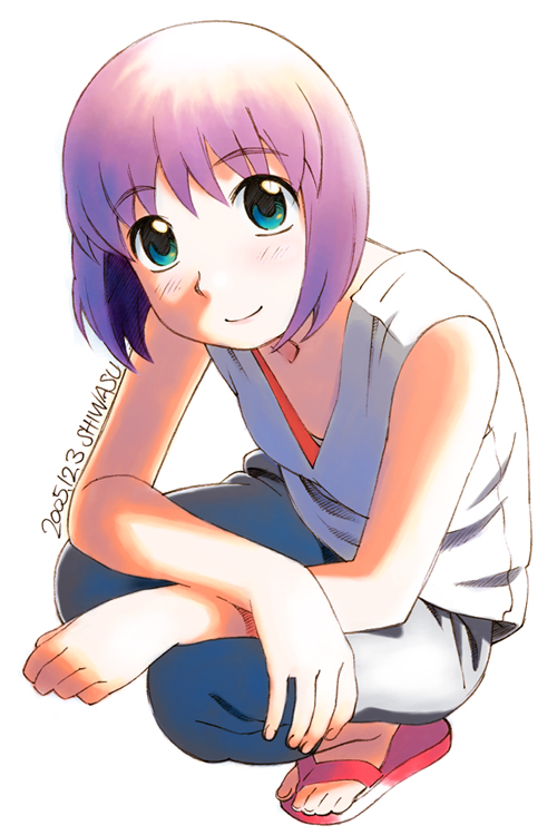 shiwasu takashi, takatsu kokone, yokohama kaidashi kikou, 1girl, android, blue eyes, feet, female focus, pants, purple hair, sandals, short hair, smile, solo, squatting