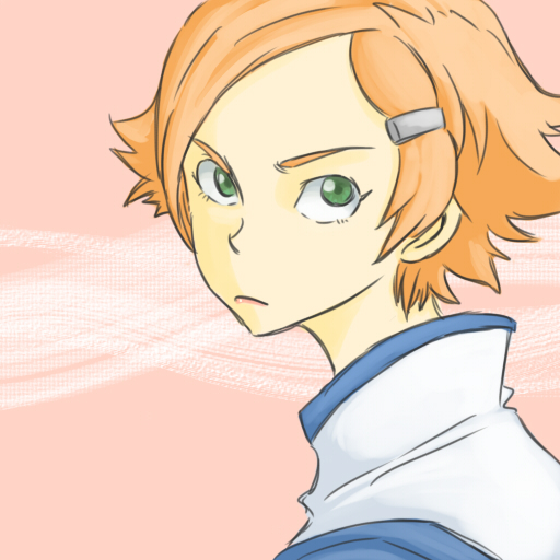 aono3, sara kodama, overman king gainer, 00s, 1girl, closed mouth, collar, expressionless, female focus, green eyes, looking at viewer, orange hair, pink background, short hair, simple background, solo, upper body