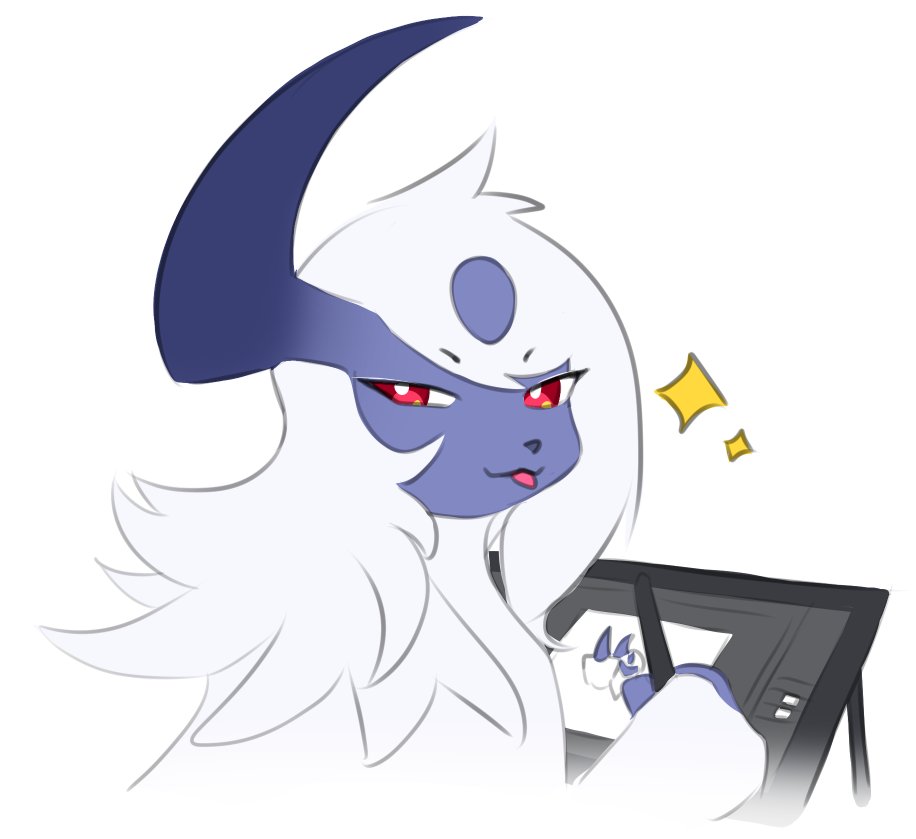 likey, absol, nintendo, pokemon, commentary, bright pupils, closed mouth, gen 3 pokemon, holding, holding stylus, looking at viewer, no humans, pokemon (creature), pokemon focus, red eyes, smile, solo, sparkle, stylus, tablet pc, tongue, tongue out, white background, white pupils