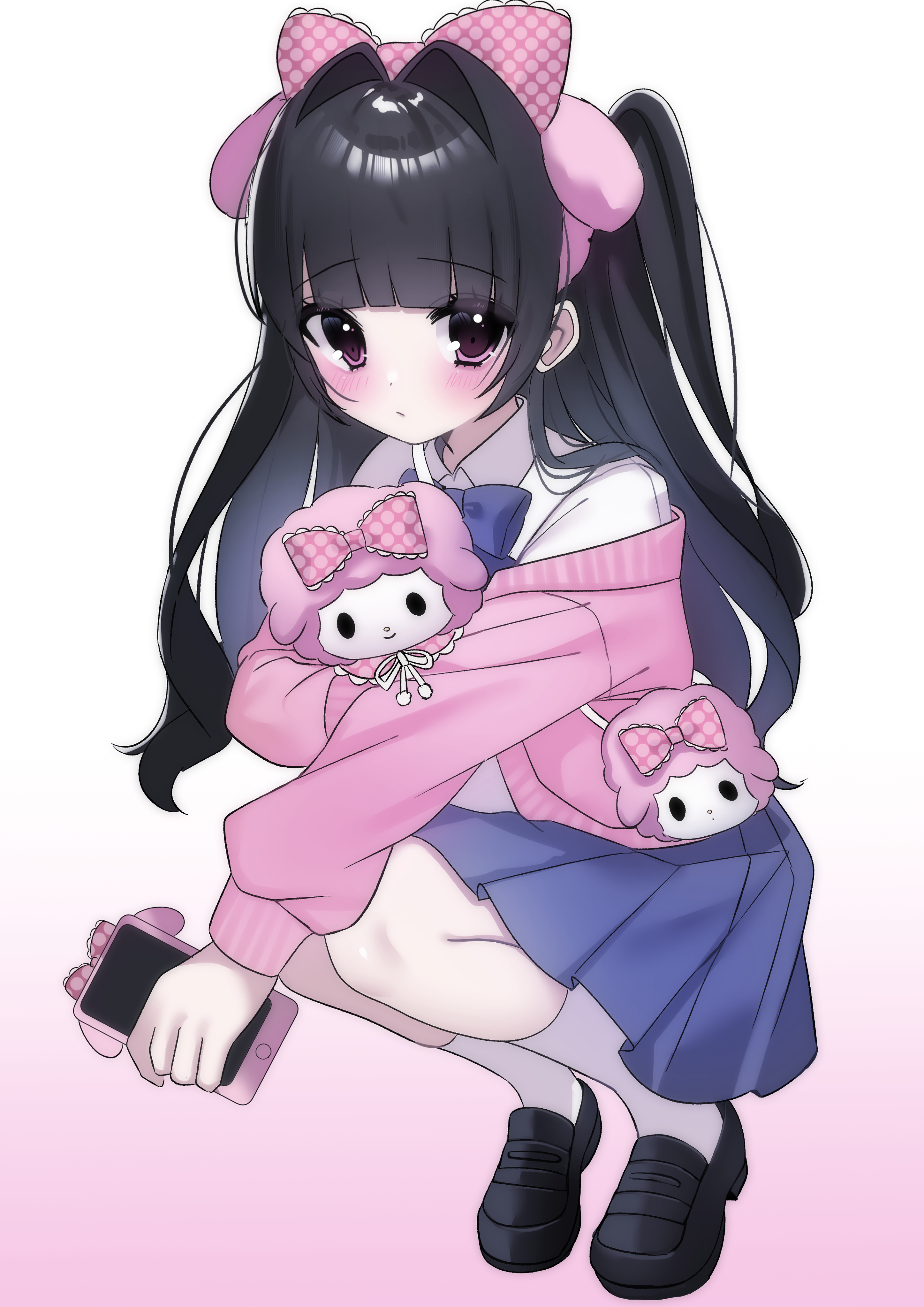 usausausabarasi, my sweet piano, onegai my melody, original, sanrio, absurdres, highres, 1girl, animal ear hairband, animal ears, black shoes, blue bow, blue skirt, blunt bangs, blush, bow, cardigan, cellphone, closed mouth, fake animal ears, gradient background, hair between eyes, hair intakes, hairband, half updo, holding, holding phone, long hair, long sleeves, looking at viewer, phone, pink cardigan, shoes, simple background, skirt, socks, solo, squatting, white socks