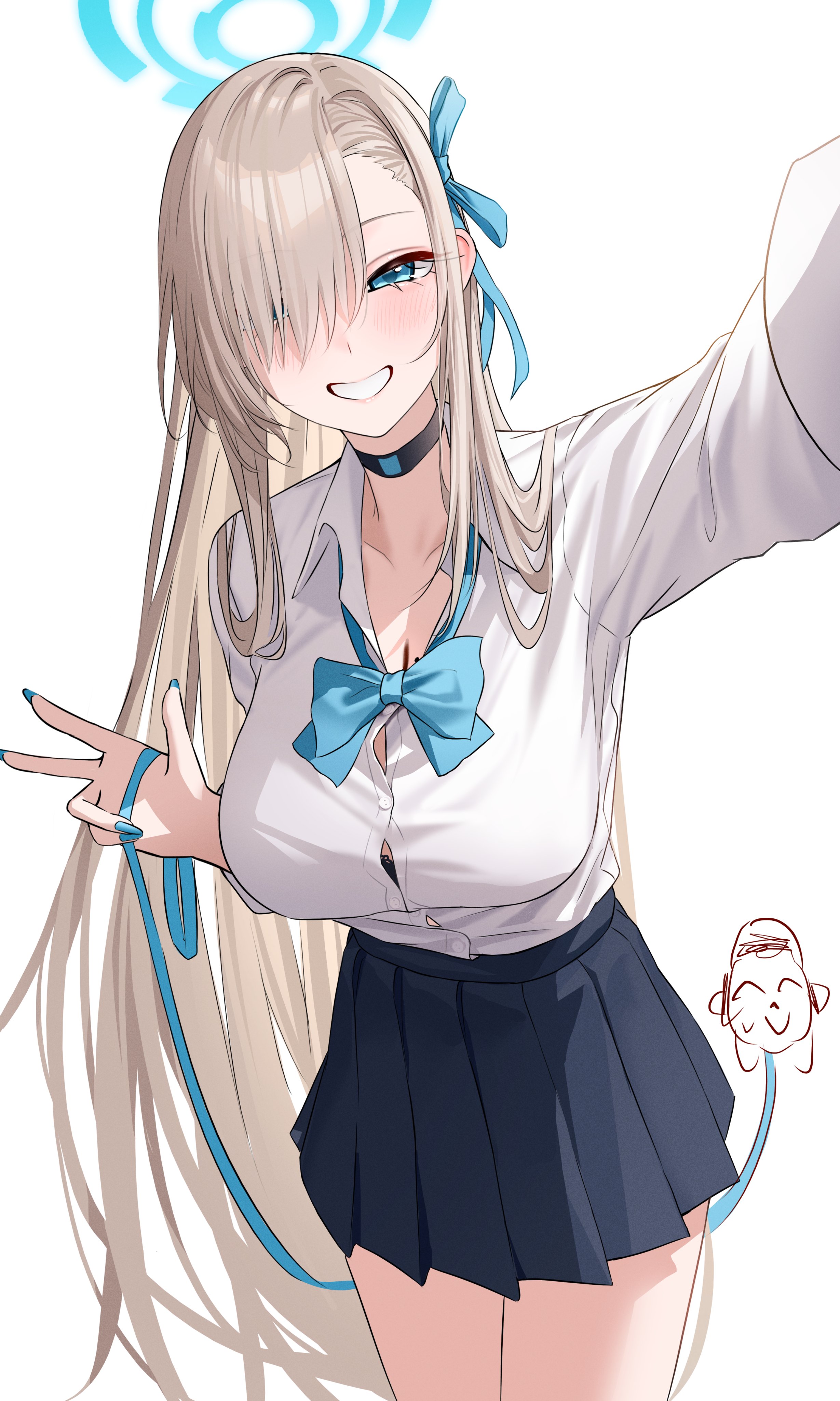 wanne, asuna (blue archive), asuna (school uniform) (blue archive), doodle sensei (blue archive), sensei (blue archive), blue archive, absurdres, highres, 1boy, 1girl, black skirt, blonde hair, blue bow, blue bowtie, blue eyes, blue halo, blush, bow, bowtie, breasts, choker, cleavage, collarbone, grin, hair over one eye, halo, holding, holding leash, large breasts, leash, long hair, mole, mole on breast, pleated skirt, selfie, shirt, skirt, smile, thighs, v, very long hair, white shirt