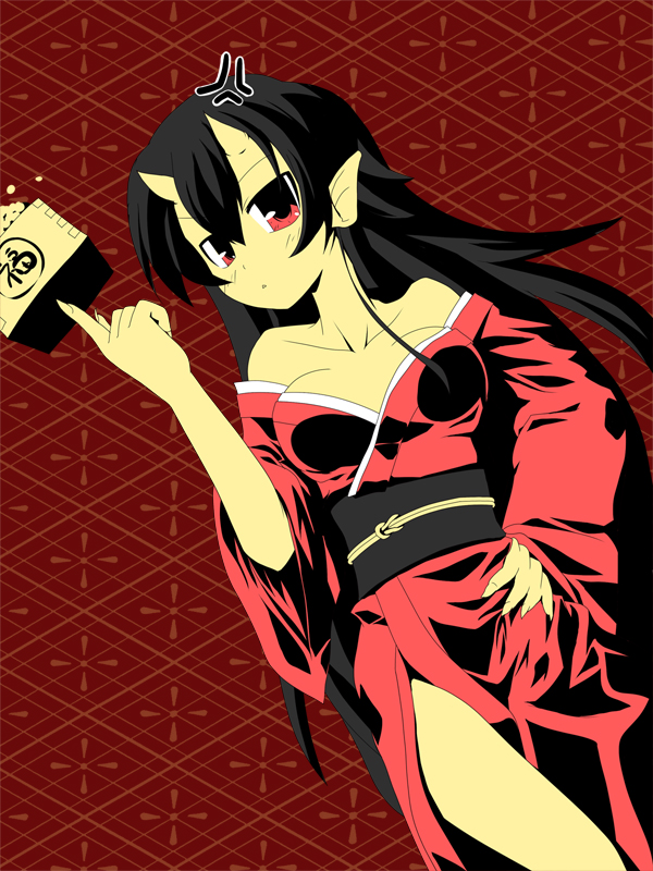 hujikok, original, tagme, horns, japanese clothes, kimono, pointy ears, solo