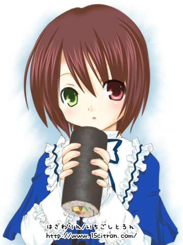 15citron, boku, souseiseki, rozen maiden, lowres, 00s, 1girl, :o, brown hair, ehoumaki, female focus, food, green eyes, heterochromia, makizushi, portrait, red eyes, setsubun, short hair, solo, sushi, upper body, watermark, web address, white background