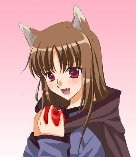 sinko (sinsin), holo, spice and wolf, 00s, 1girl, animal ears, apple, blush, brown hair, fang, female focus, food, fruit, gradient background, holding, holding food, holding fruit, long hair, open mouth, pink background, solo, upper body, wolf ears