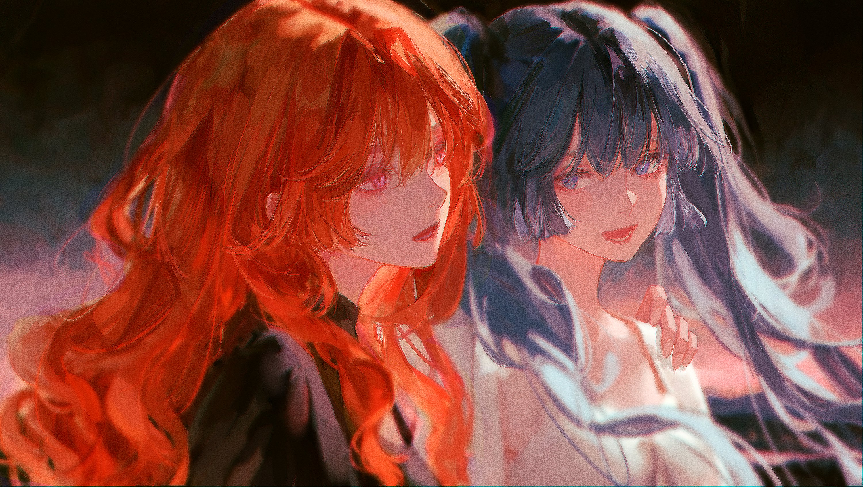 96yottea, augusta (wuthering waves), iuno (wuthering waves), wuthering waves, commentary, english commentary, highres, 2girls, alternate costume, black jacket, blue eyes, blue hair, dress, film grain, jacket, long hair, looking at another, multiple girls, open mouth, orange hair, portrait, red eyes, smile, twintails, white dress