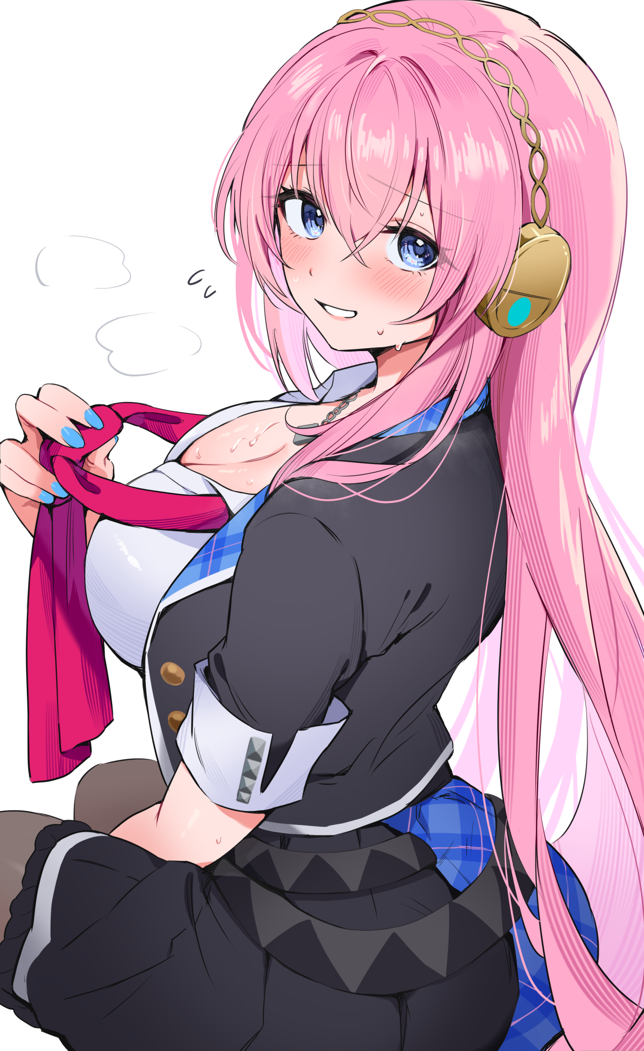 enipa 28, megurine luka, vocaloid, commentary request, highres, 1girl, black jacket, black skirt, blue eyes, blue nails, blush, breasts, cleavage, fingernails, flying sweatdrops, from behind, holding necktie, jacket, large breasts, long hair, looking at viewer, looking back, loose necktie, nail polish, necktie, open clothes, open jacket, pink hair, red necktie, shirt, short-sleeved jacket, short sleeves, simple background, sitting, skirt, smile, solo, sweat, white background, white shirt