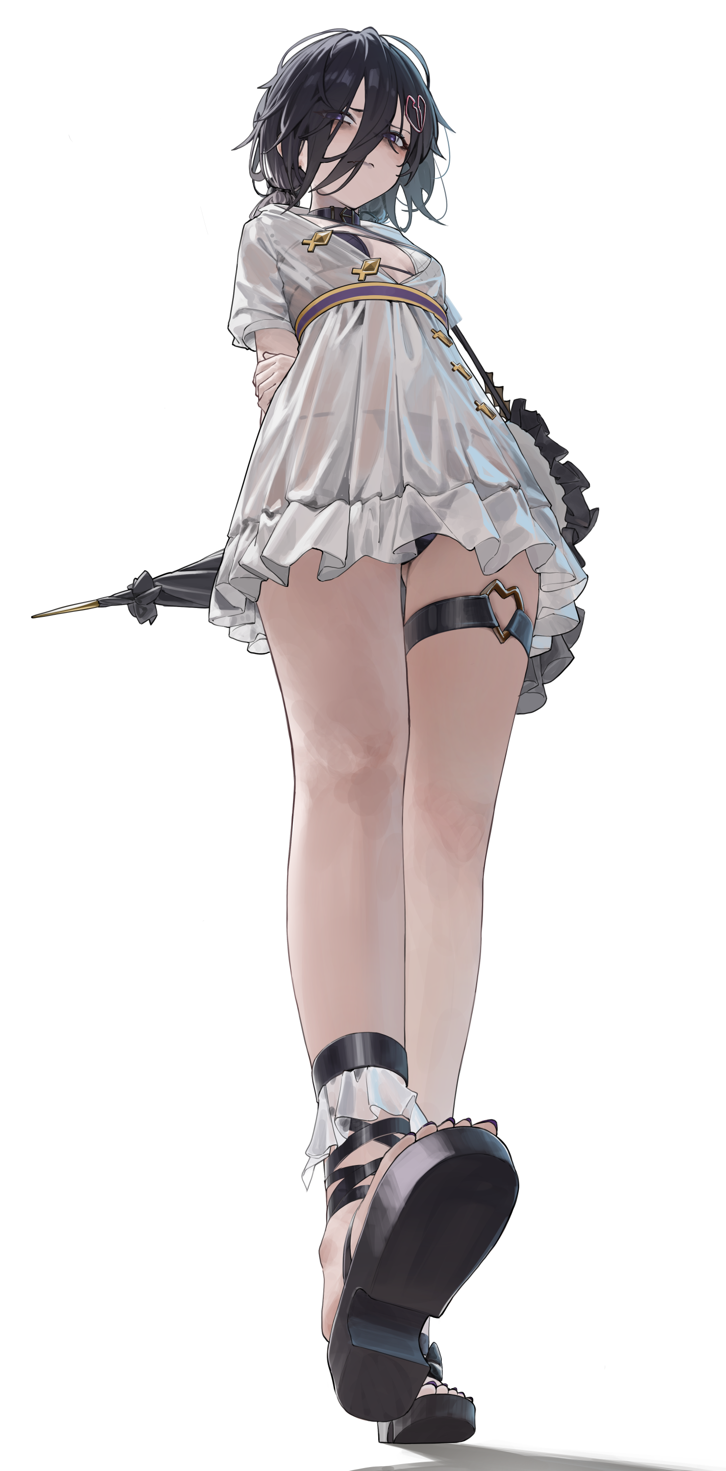 mizoshi-x, lich (granblue fantasy), granblue fantasy, absurdres, commentary, highres, variant set, 1girl, arms behind back, bags under eyes, bikini, bikini under clothes, black hair, black sandals, breasts, closed mouth, dress, from below, full body, hair between eyes, hair ornament, hand on own elbow, heart, heart hair ornament, holding, holding umbrella, long bangs, long hair, low twintails, purple eyes, sandals, simple background, small breasts, solo, standing, swimsuit, thigh strap, twintails, umbrella, white background, white dress